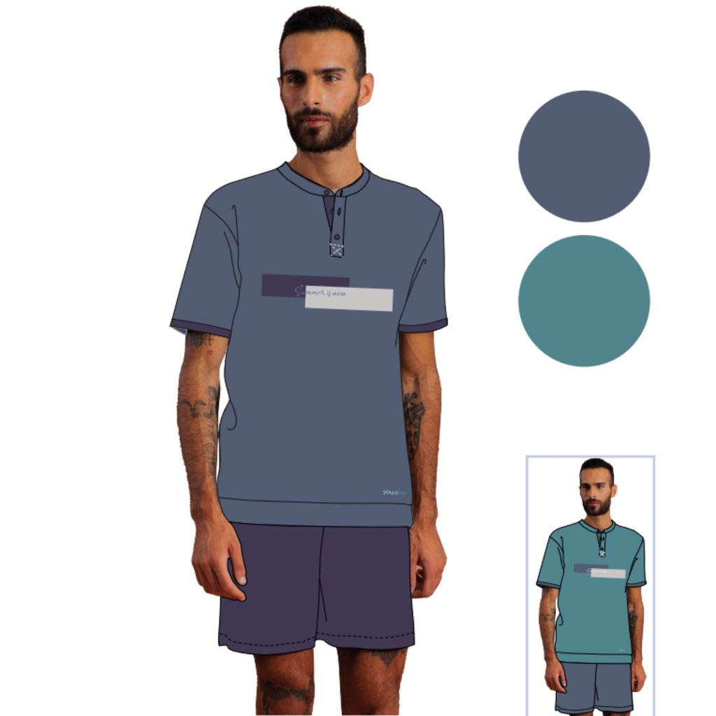 Y&m - Pigiama Uomo Serafino Corto Mezza Manica In Jersey Puro Cotone Con Stampa  Art. Ymc530