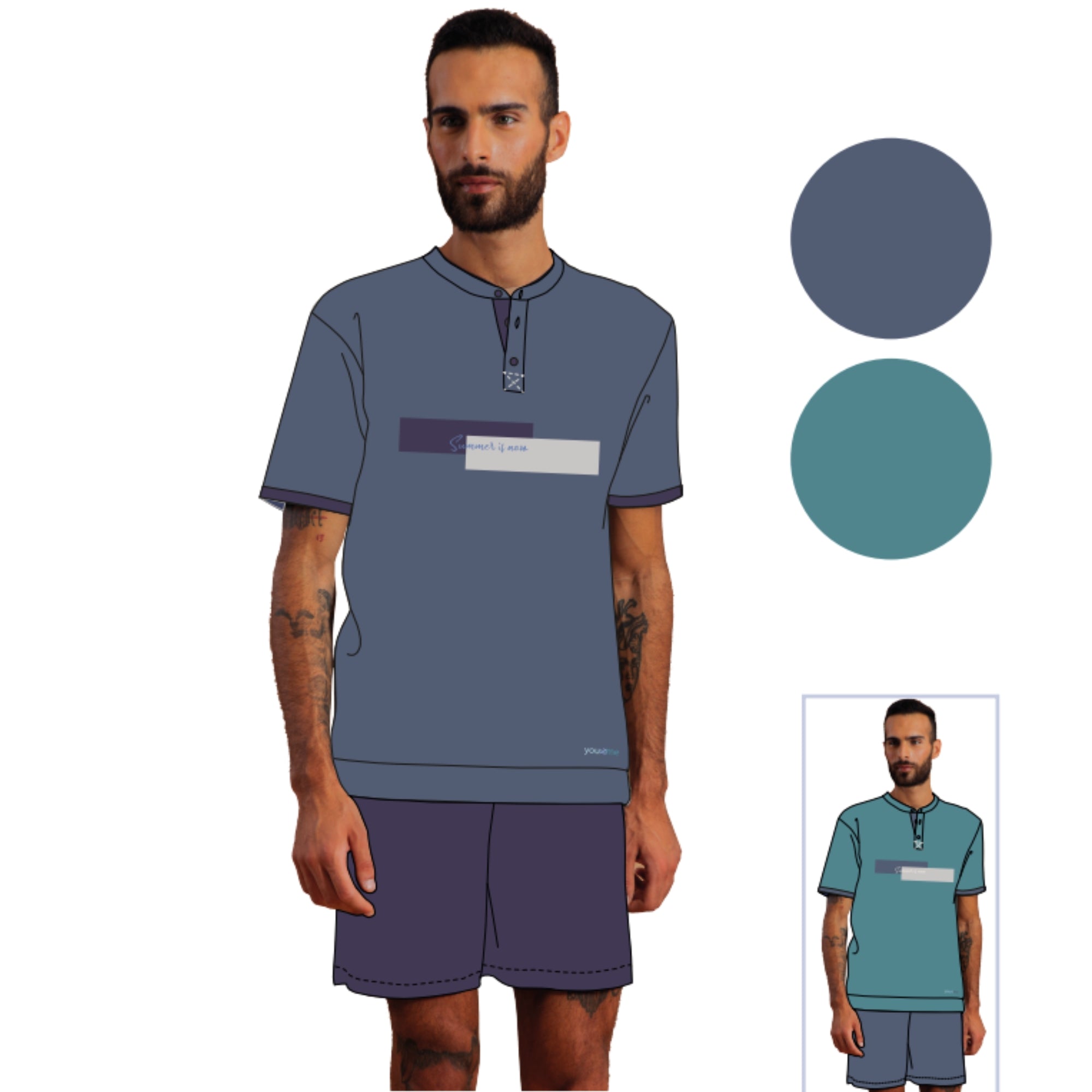 Y&m - Pigiama Uomo Serafino Corto Mezza Manica In Jersey Puro Cotone Con Stampa  Art. Ymc530