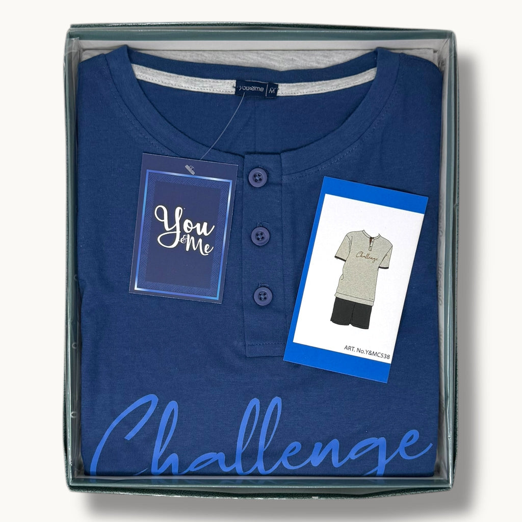 You&me - Pigiama Uomo Serafino Corto Mezza Manica In Jersey Puro Cotone Con Stampa Art. Ymc538