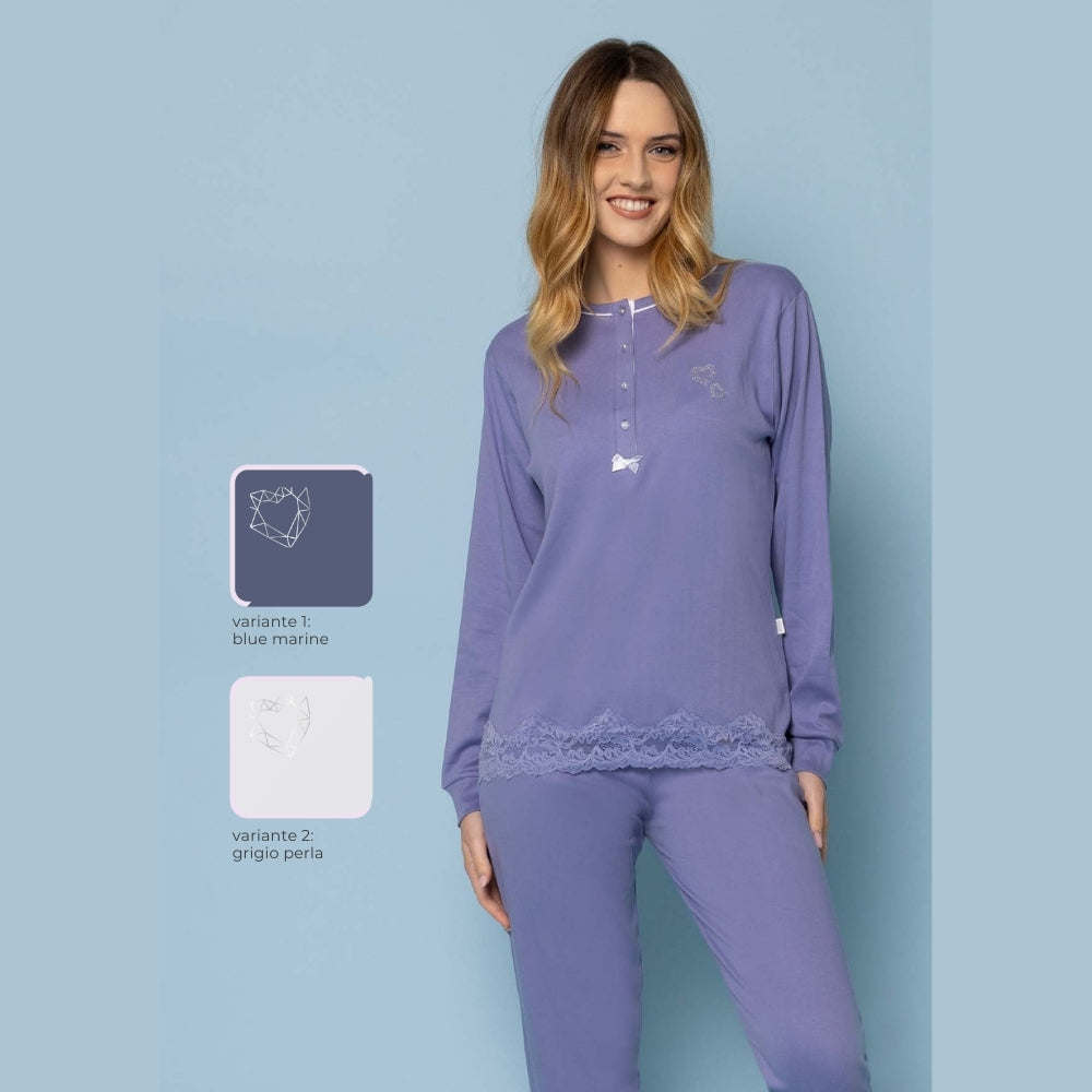 Irge - Pigiama Serafino 4 Bottoni In Caldo Cotone 100% Con Applicazione In Pizzo  Art. Iri2177