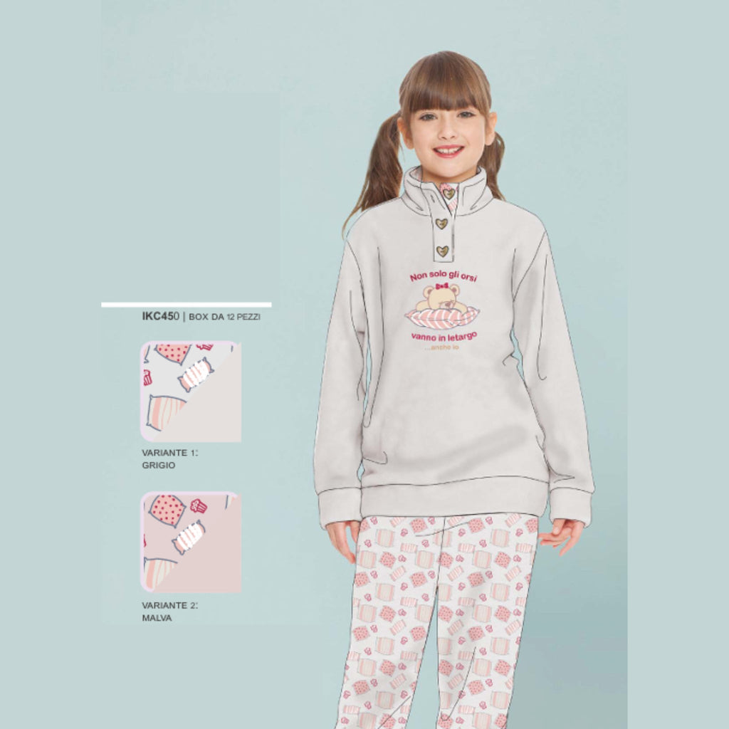 Irge - Pigiama Bimba Lupetto 3 Bottoni In Coral Con Ricamo E Pantalone Fantasia Art. Ikc450