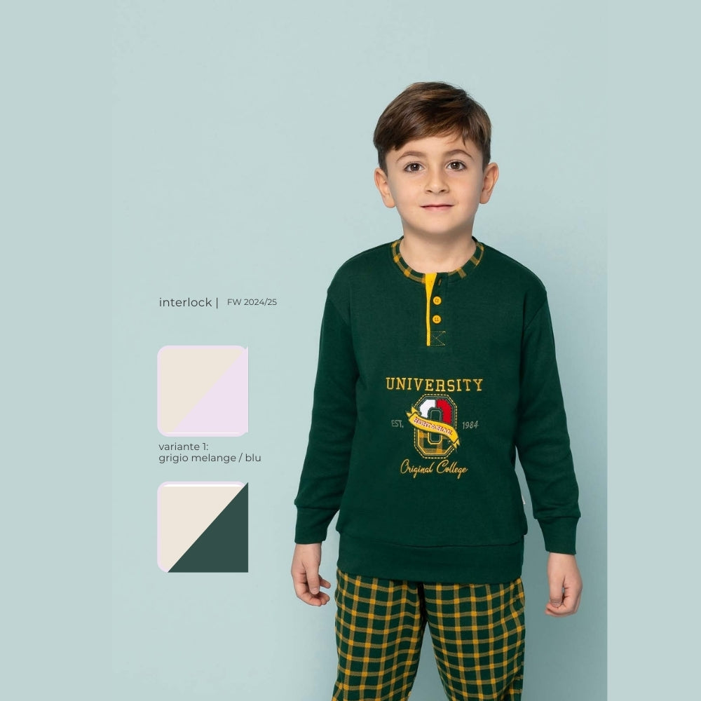 Irge - Pigiama Bimbo Serafino In Caldo Cotone 100% Con Ricamo E Pantalone Fantasia  Art. Iki443