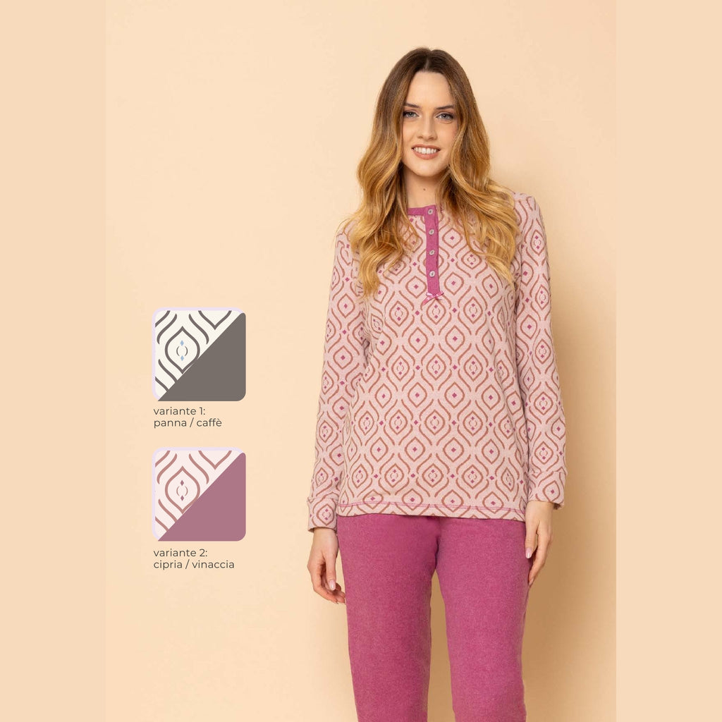 Irge - Pigiama Donna Invernale Punto Milano Aperto Fantasia E Pantalone Con Elastico No Stress  Art. Ptd20
