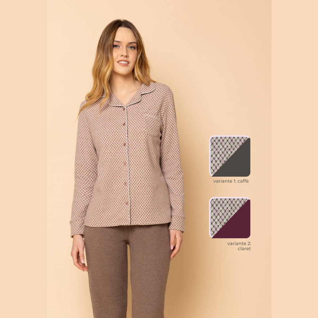 Irge - Pigiama Donna Invernale Punto Milano Aperto Fantasia E Pantalone Con Elastico No Stress  Art. Ptd25