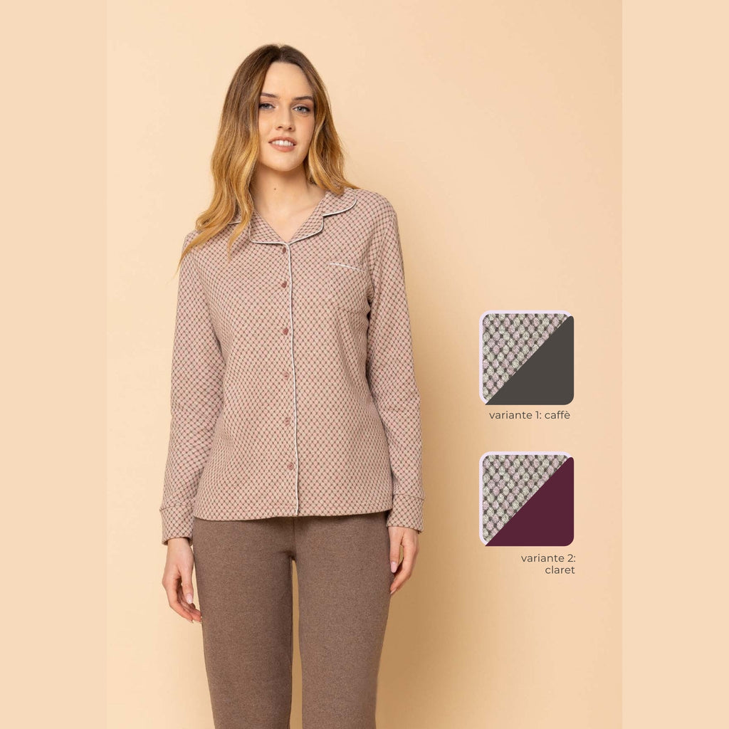 Irge - Pigiama Donna Invernale Punto Milano Aperto Fantasia E Pantalone Con Elastico No Stress  Art. Ptd25