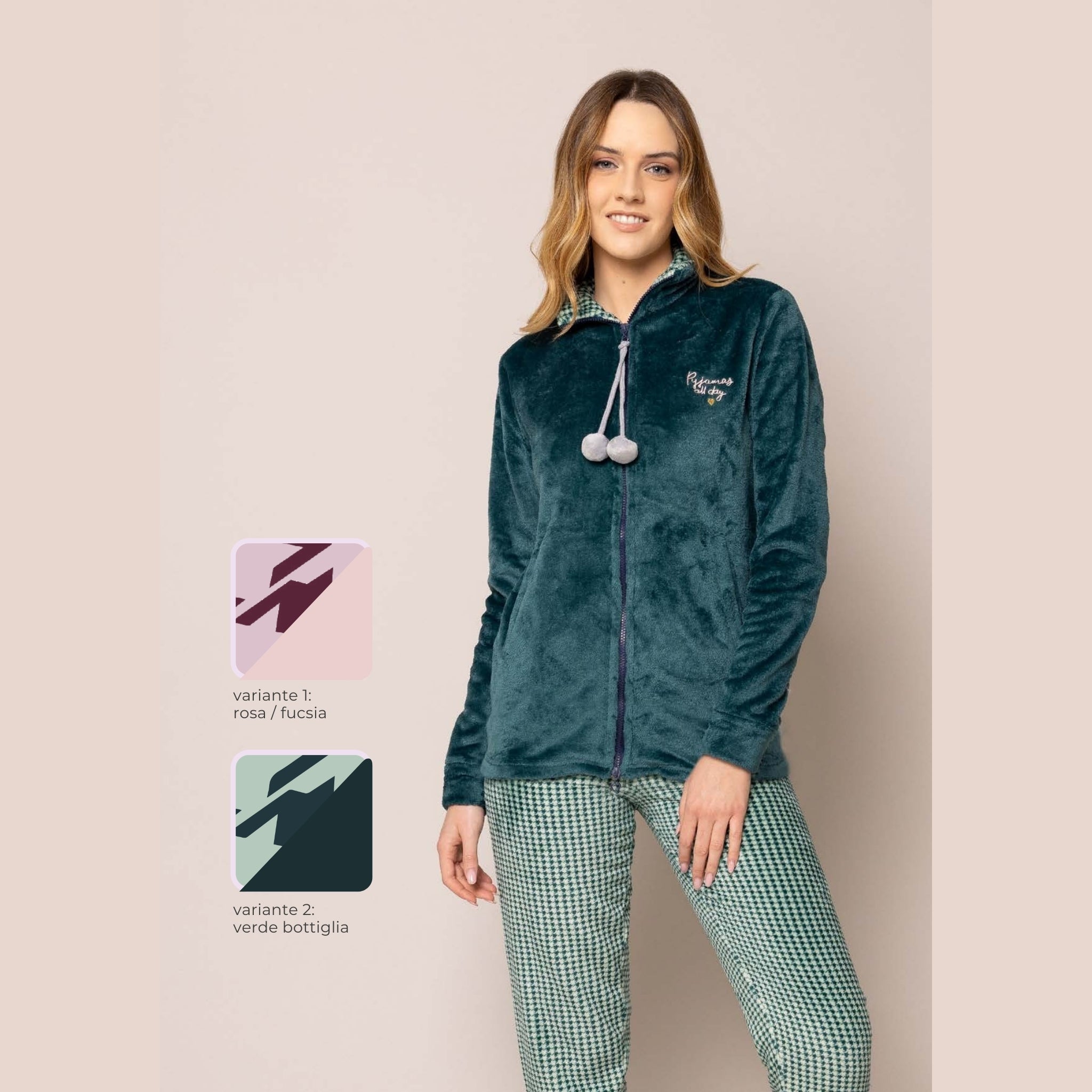 Irge - Pigiama Donna Full Zip In Morbido E Caldo Coral Con Tasche E Ricamo Art. Mic2193