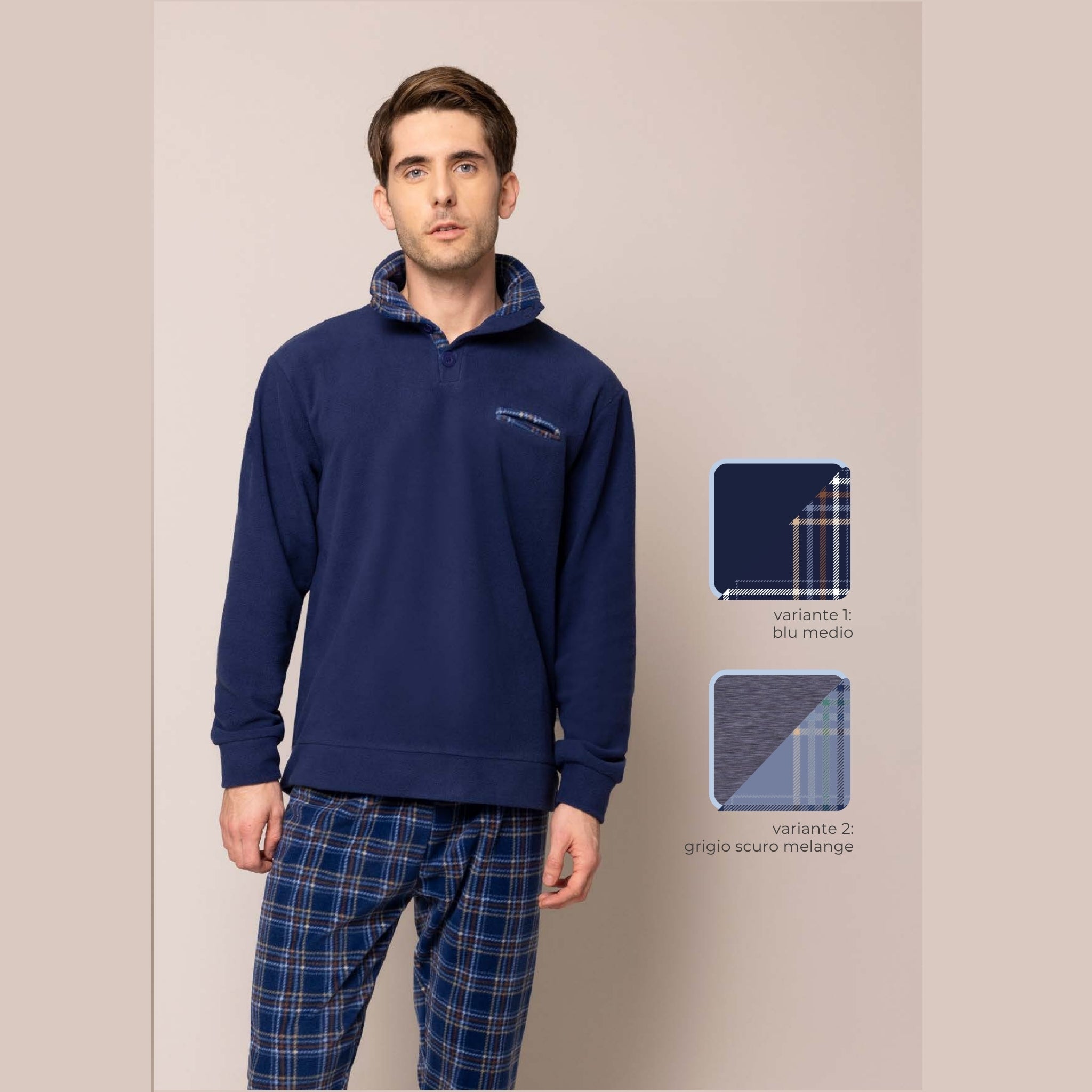 Irge - Pigiama Uomo Lupetto 3 Bottoni In Caldo Pile Con Taschino E Pantalone Fantasia Art. Mip2205