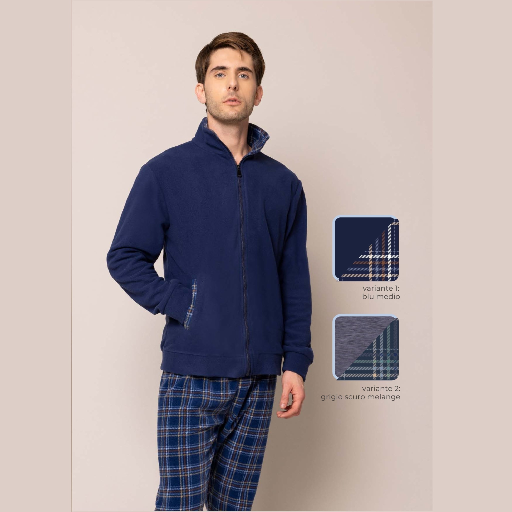 Irge - Pigiama Uomo In Caldo Pile Full Zip Con Tasche E Pantalone Fantasia  Art. Mip2206