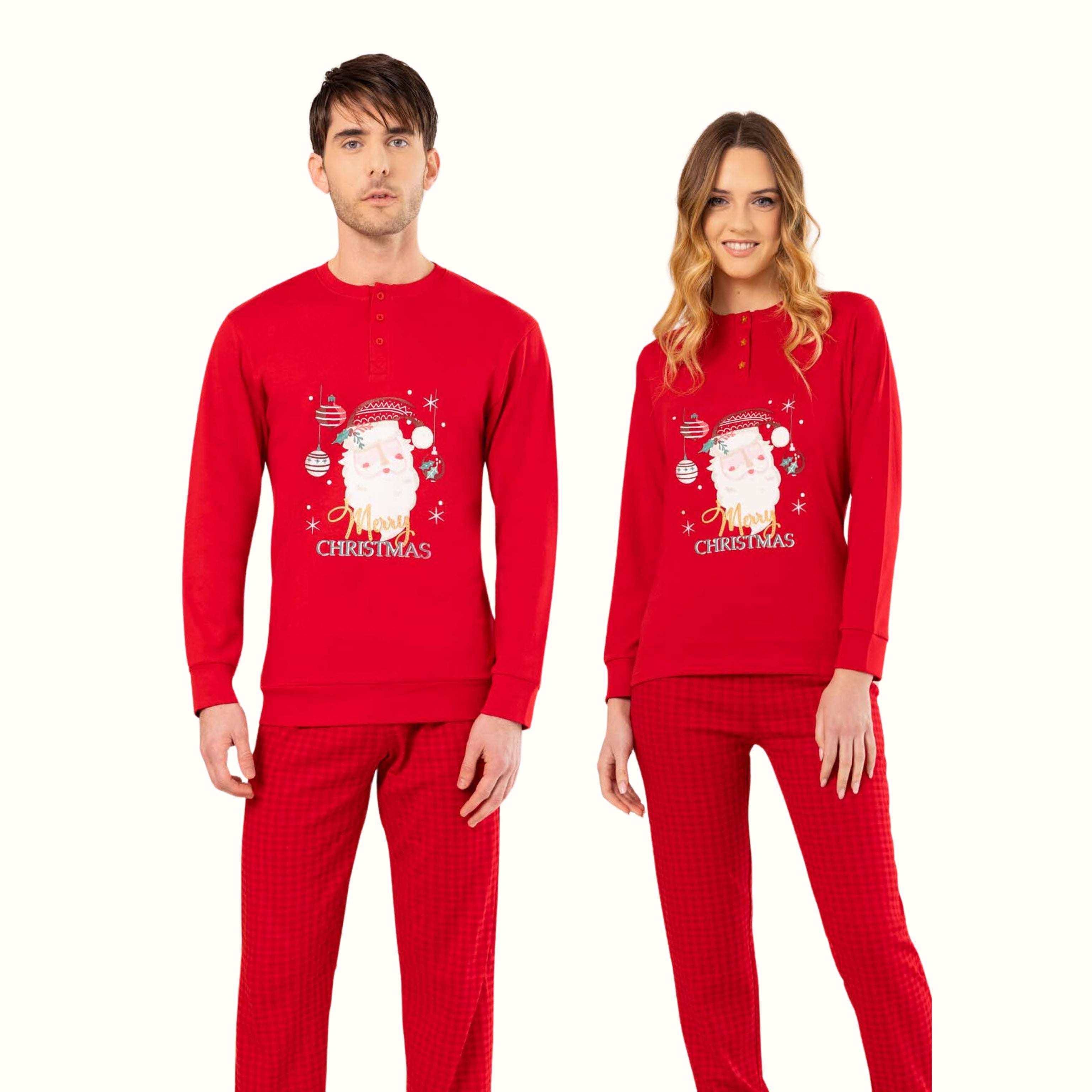 Irge - Pigiama Donna In Caldo Cotone Ricamo Babbo Natale  (disponibile  Per Tutta La Famiglia) Art. Xmasli21