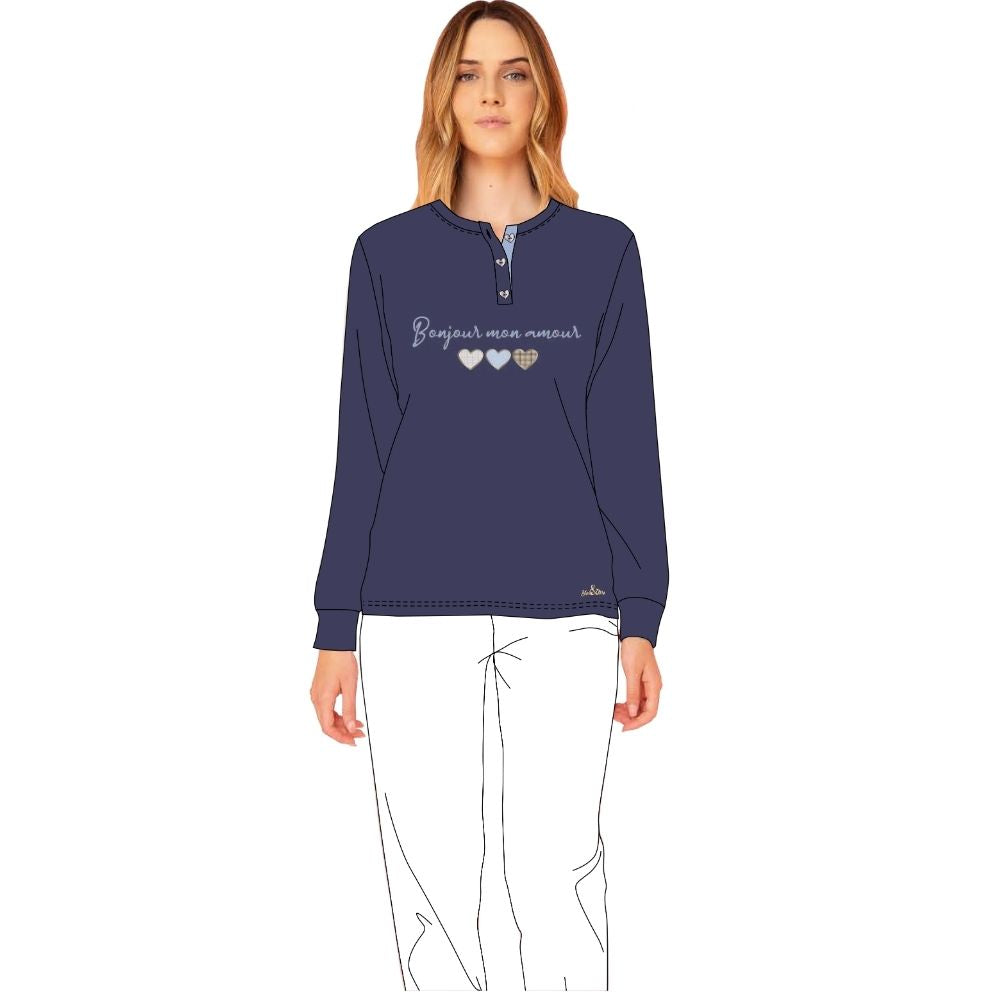 Y&m - Pigiama Donna Serafino 3 Bottoni In Caldo Cotone Ricamato  Art. Ymi610