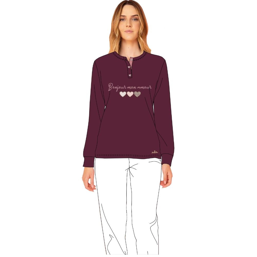 Y&m - Pigiama Donna Serafino 3 Bottoni In Caldo Cotone Ricamato  Art. Ymi610