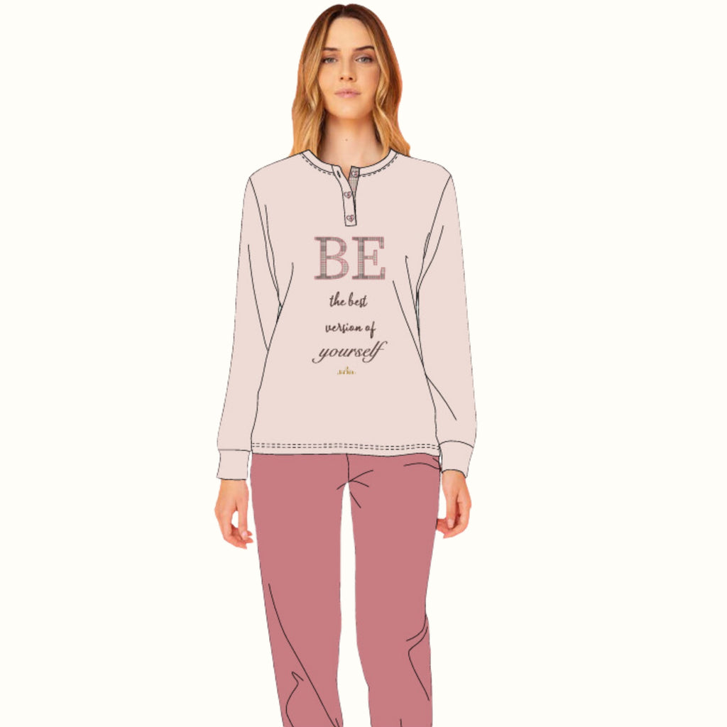 Y&m - Pigiama Donna Modello Serafino Con Chiusura 3 Bottoni In Caldo Cotone E Con Ricamo E Stampa  Art. Ymi613