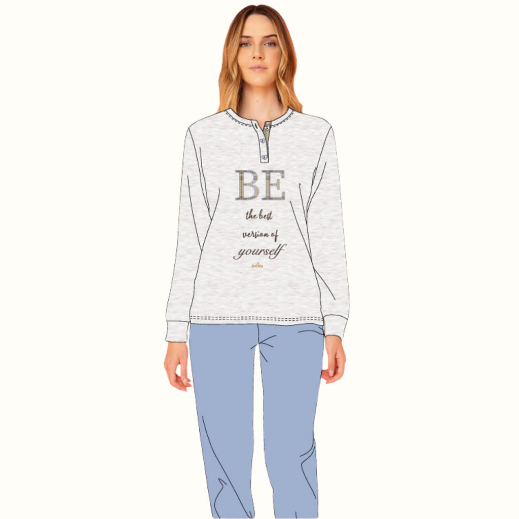 Y&m - Pigiama Donna Modello Serafino Con Chiusura 3 Bottoni In Caldo Cotone E Con Ricamo E Stampa  Art. Ymi613