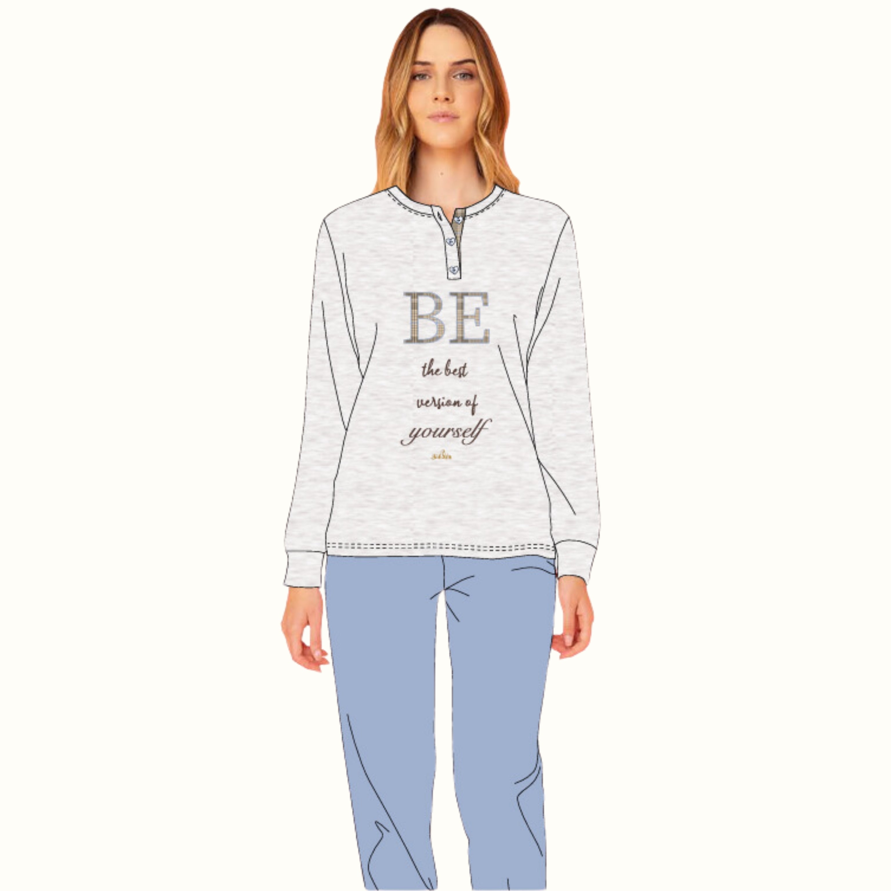 Y&m - Pigiama Donna Modello Serafino Con Chiusura 3 Bottoni In Caldo Cotone E Con Ricamo E Stampa  Art. Ymi613