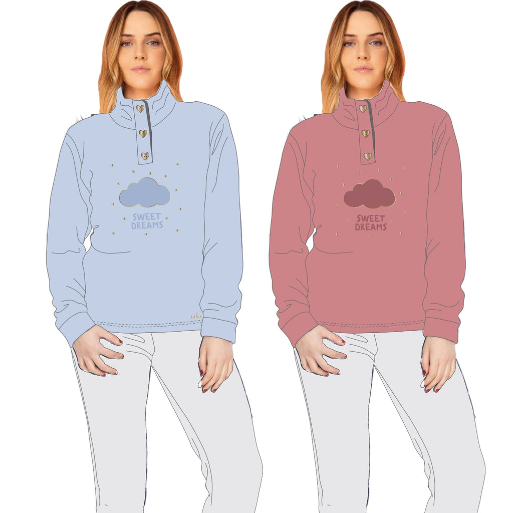 Irge - Pigiama Donna Invernale Chiusura Con 3 Bottoni Lupetto Collo Alto In Soffice Coral Ricamato Art. Y&mc615
