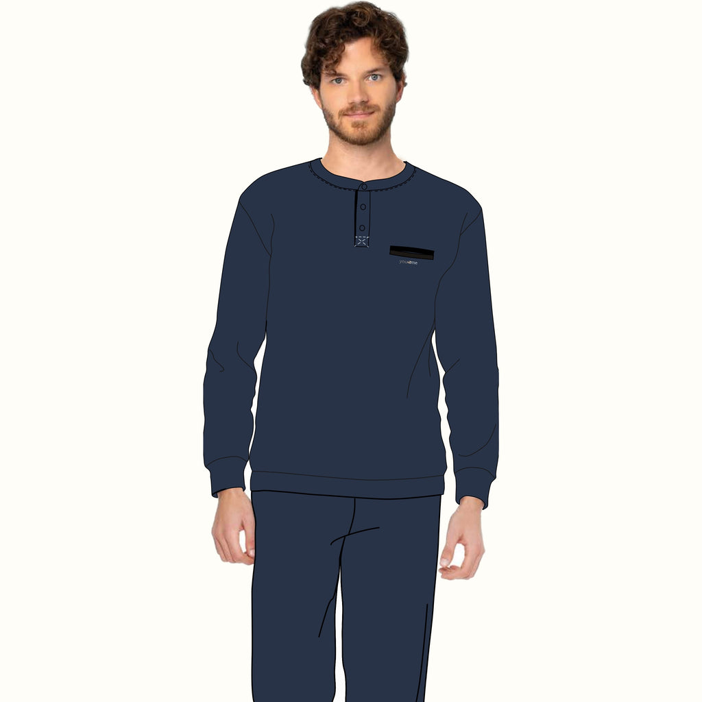 Y&m - Pigiama Uomo Modello Serafino Con Chiusura 3 Bottoni Tinta Unita In Caldo Cotone  Art. Ymi607