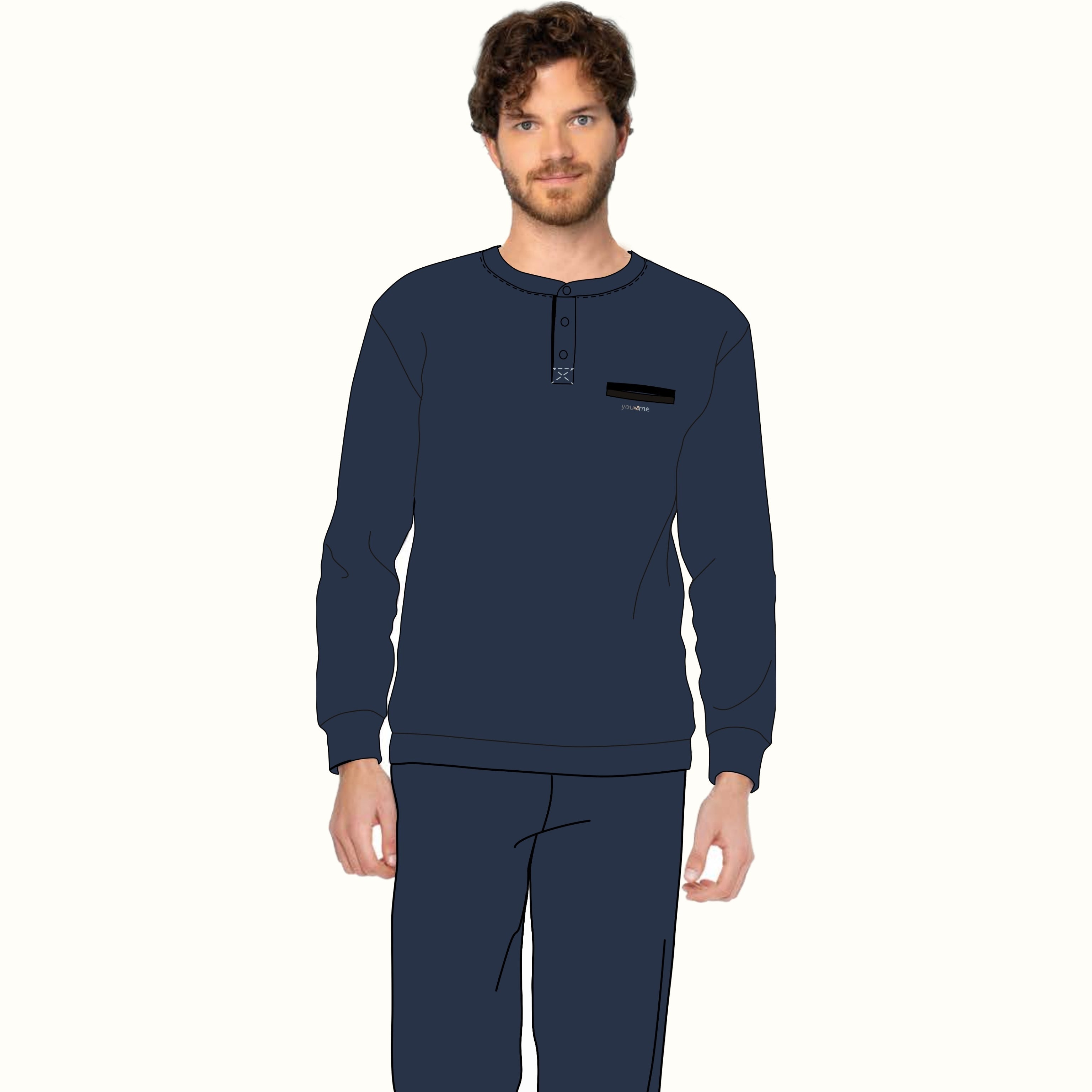 Y&m - Pigiama Uomo Modello Serafino Con Chiusura 3 Bottoni Tinta Unita In Caldo Cotone  Art. Ymi607
