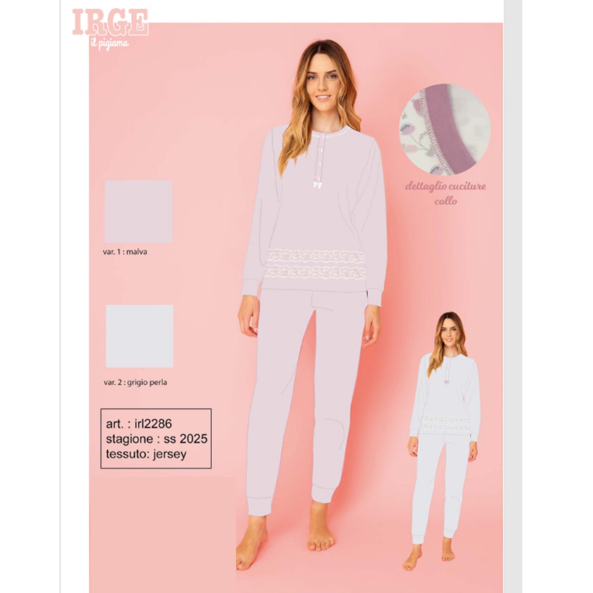 Irge - Pigiama Donna Lungo Serafino In Puro Cotone Con Inserto Pizzo Art. Irl2286