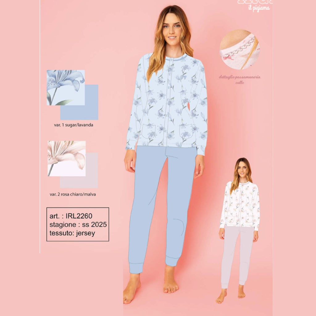 Irge - Pigiama Donna Lungo Aperto Avanti Fantasia In Puro Cotone Con Tasche