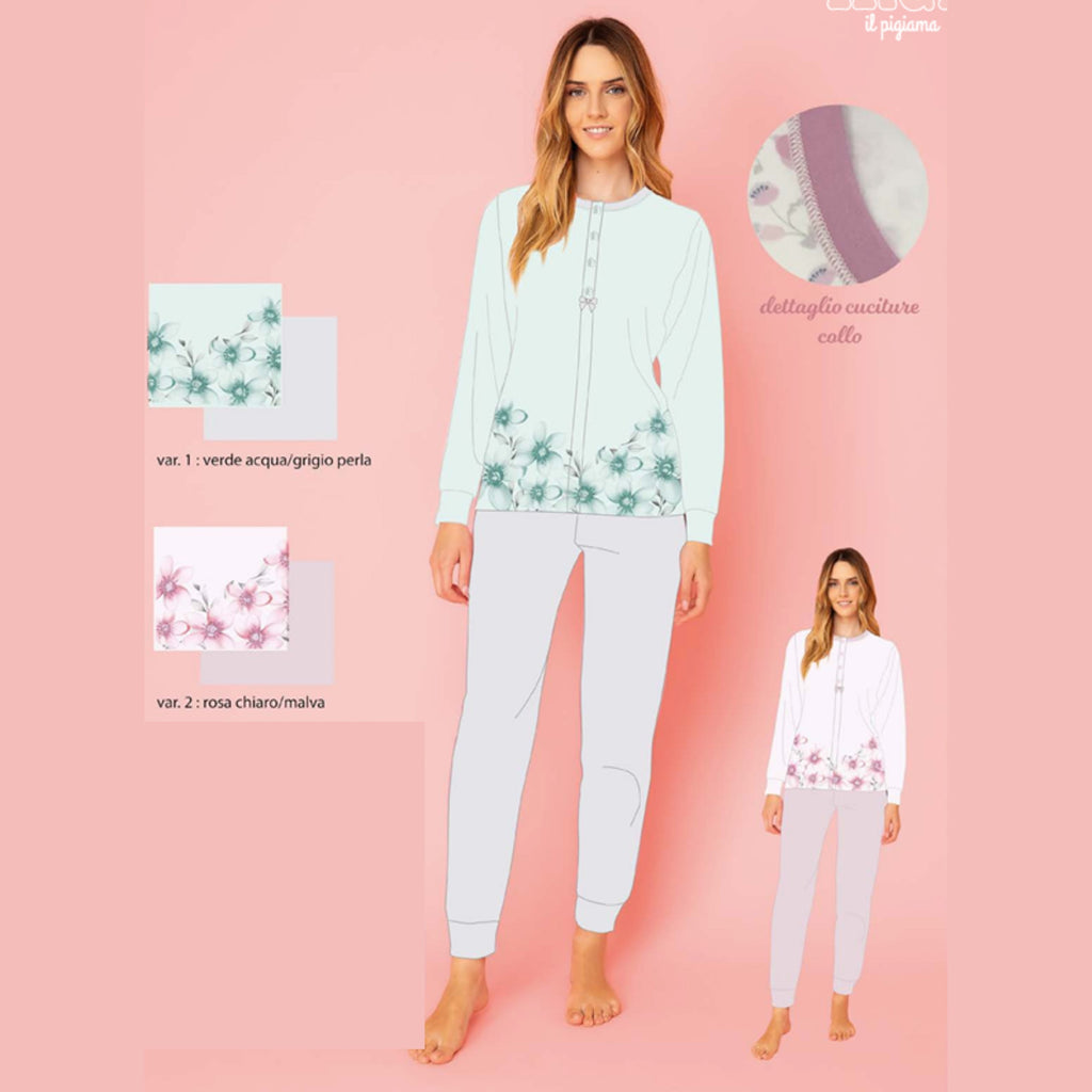 Irge - Pigiama Donna Lungo Aperto Avanti Fantasia In Puro Cotone Con Tasche Art. Irl2280