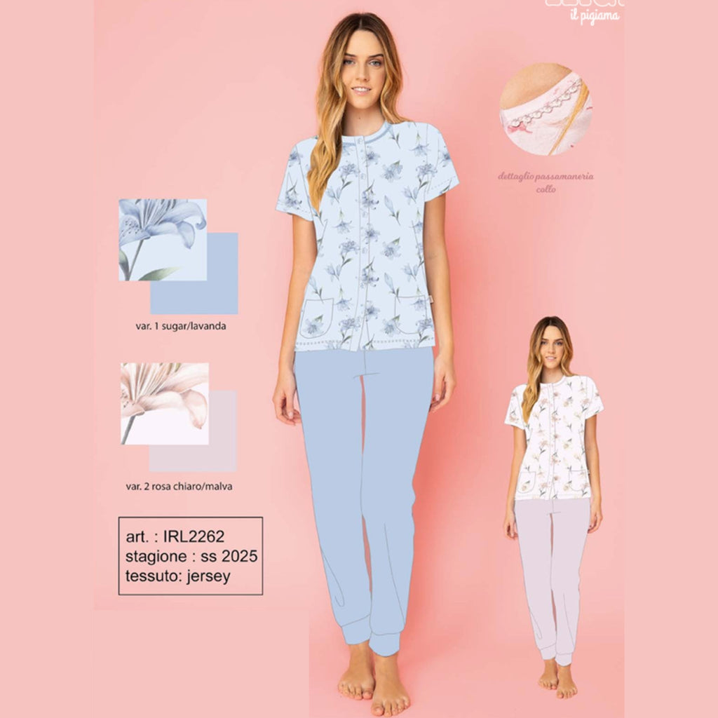 Irge - Pigiama Donna (mezza Manica E Pantalone Lungo) Aperto Avanti Fantasia In Puro Cotone Art. Irl2262