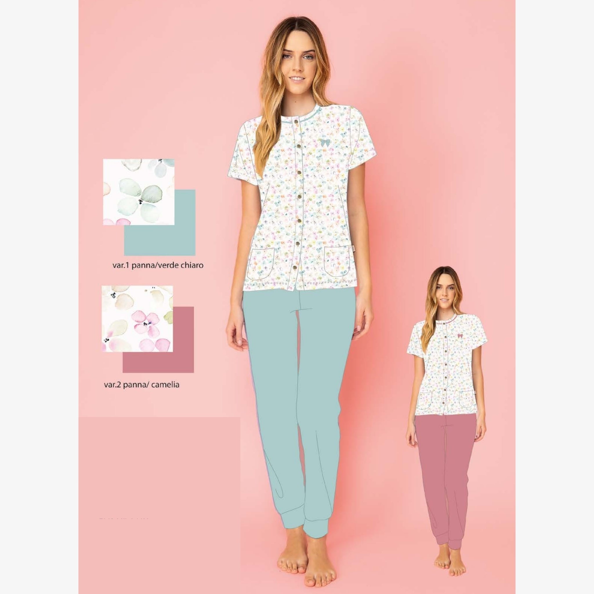Irge Primavera Pigiama Donna Aperto Mezza Manica Pant. Lungo In Puro Cotone Fantasia Art. Irl2266