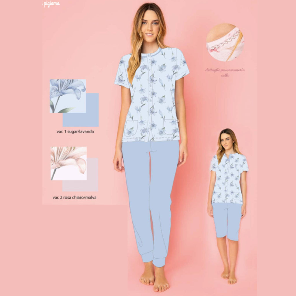 Irge- Pigiama Donna 3 Pezzi Mezza Manica + Pantalone Lungo + Corto In Puro Cotone Art. Td48