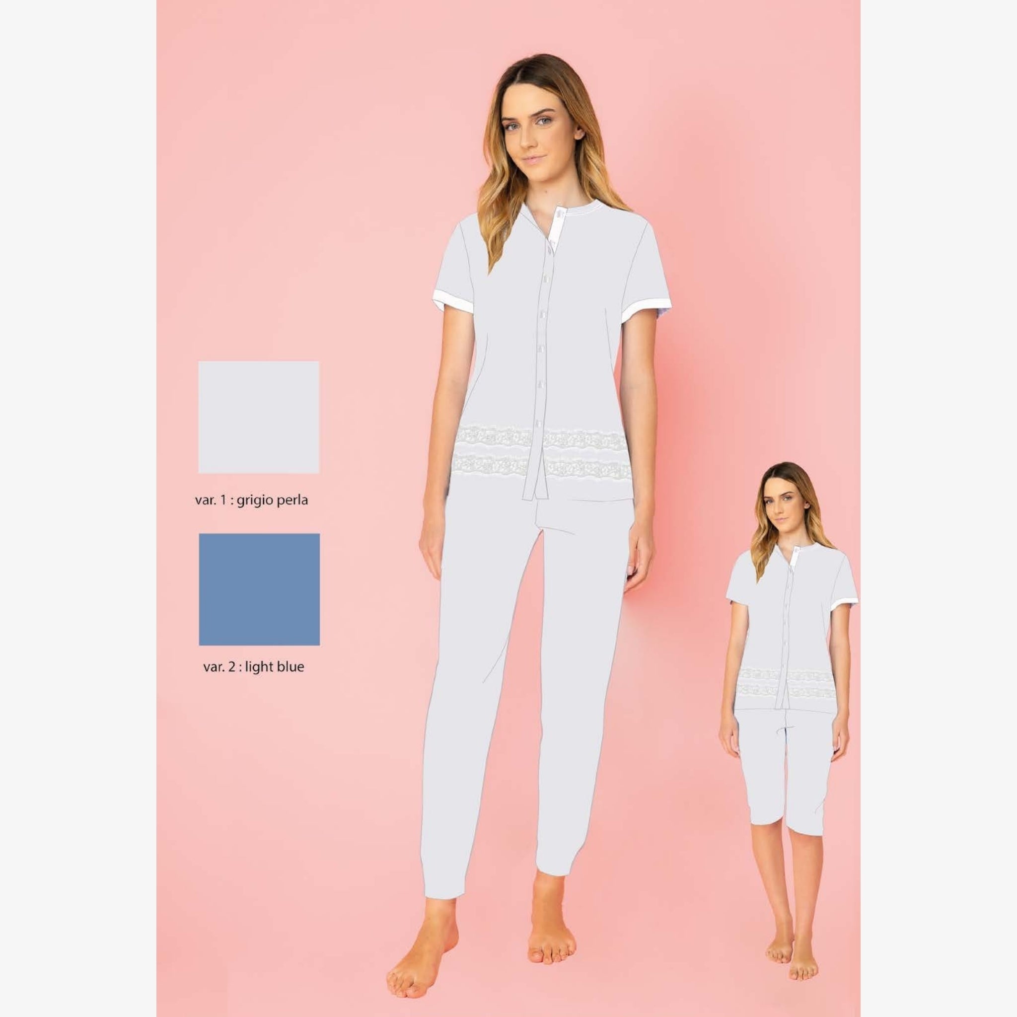 Irge Estate Pigiama Donna 3 Pezzi M/manica+pantalone Lungo+corto In Puro Cotone App/pizzo Art. Td49