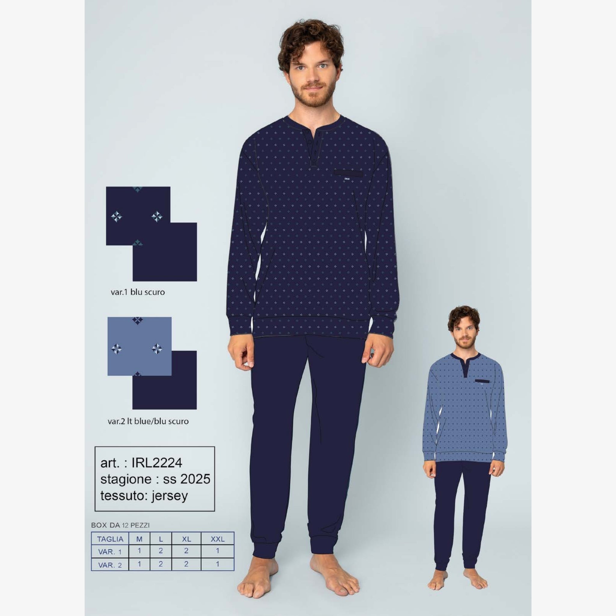 Irge Primavera  Pigiama Uomo Serafino Lungo Cotone Con Taschino Fantasia 100% Cotone Art. Irl2224