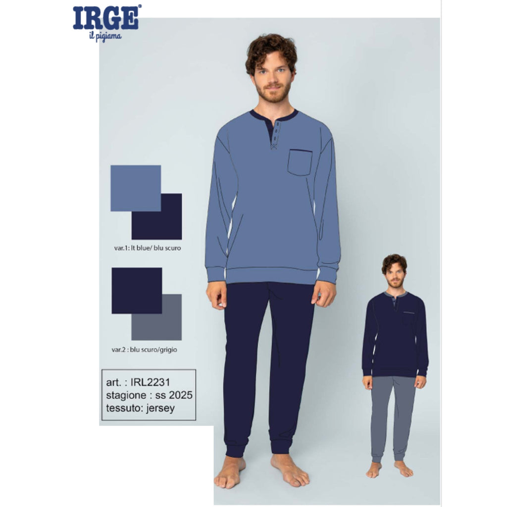 Irge - Pigiama Uomo Serafino Lungo Cotone Con Taschino Tinta Unita Art. Irl2231