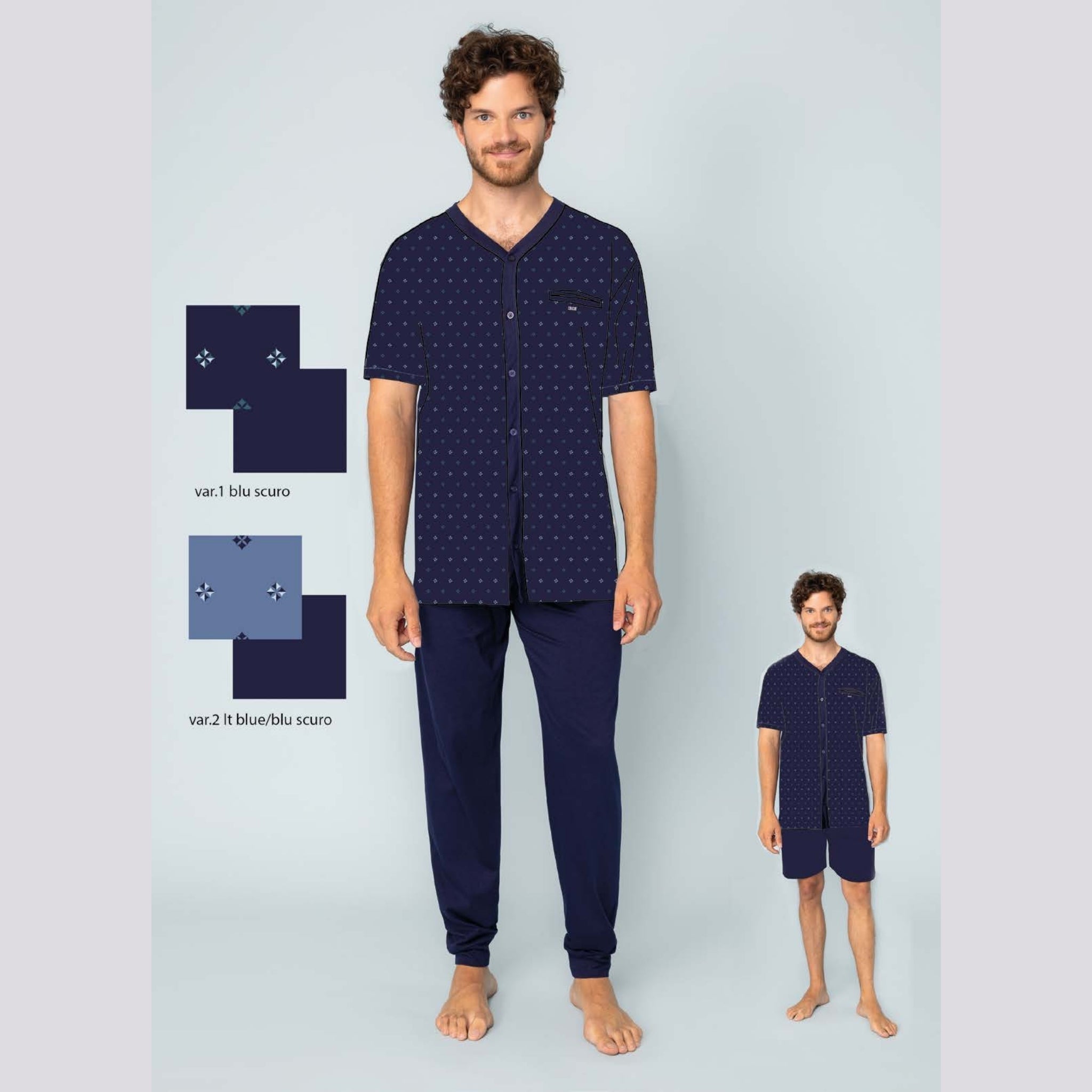 Irge Estate   Pigiama 3 Pezzi Uomo Aperto Mezza Manica+pantalone Lungo+corto In 100%cotone Art. Tu39