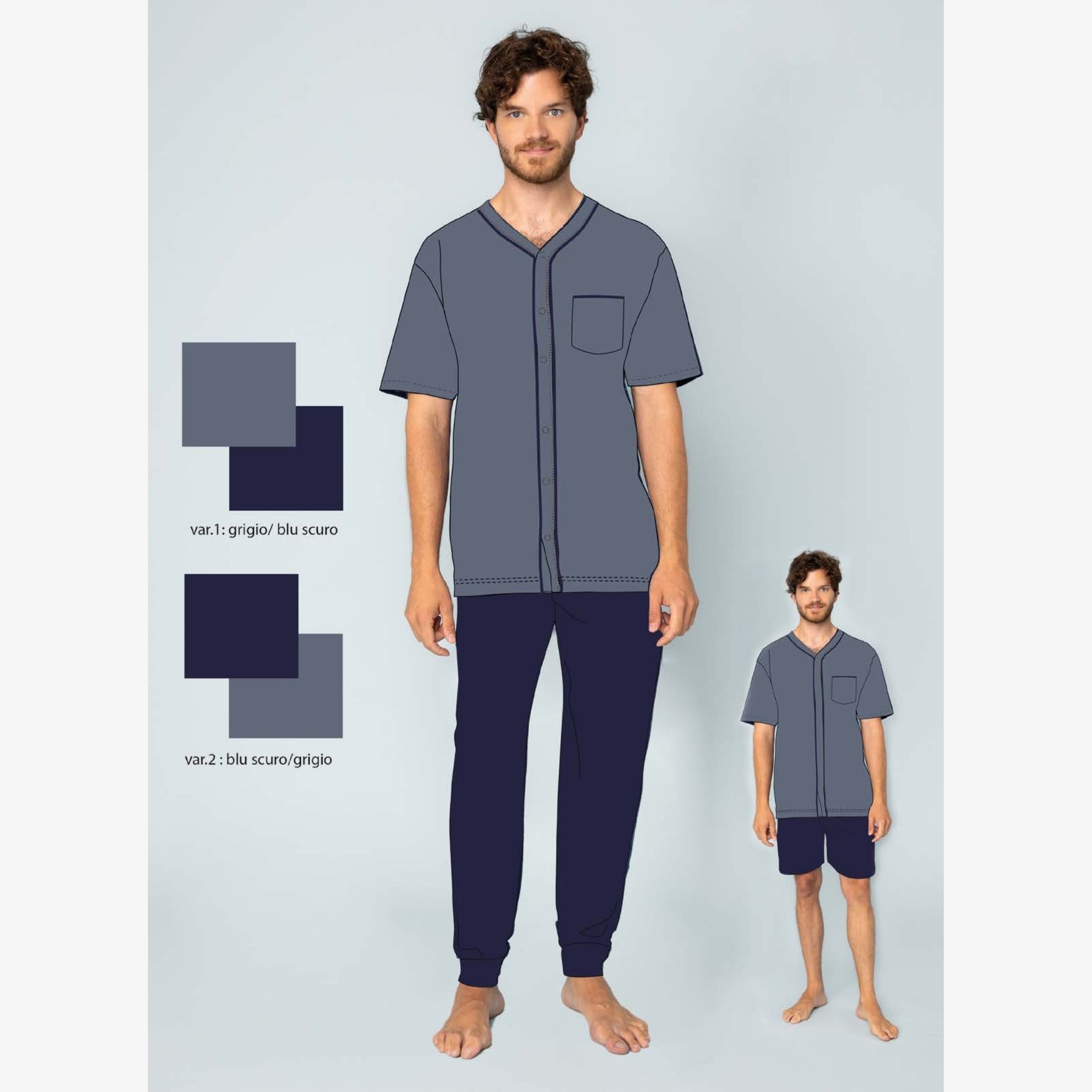 Irge Estate   Pigiama 3 Pezzi Uomo Aperto Mezza Manica+pantalone Lungo+corto In 100%cotone Art. Tu40