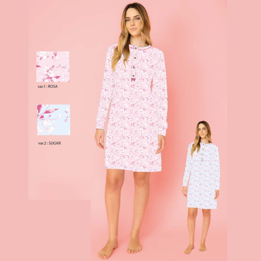 Irge - Camicia Da Notte Donna Calibrata Serafino 4 Bottoni In Puro Cotone Stampato Art. Cdc223