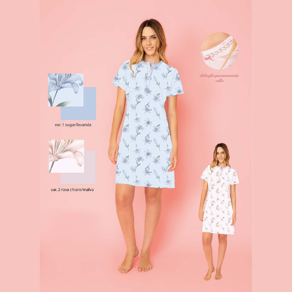 Irge Estate  Camicia Da Notte Donna Calibrata Serafino Mezza Manica In Puro Cotone Stampato Art. Cdc224