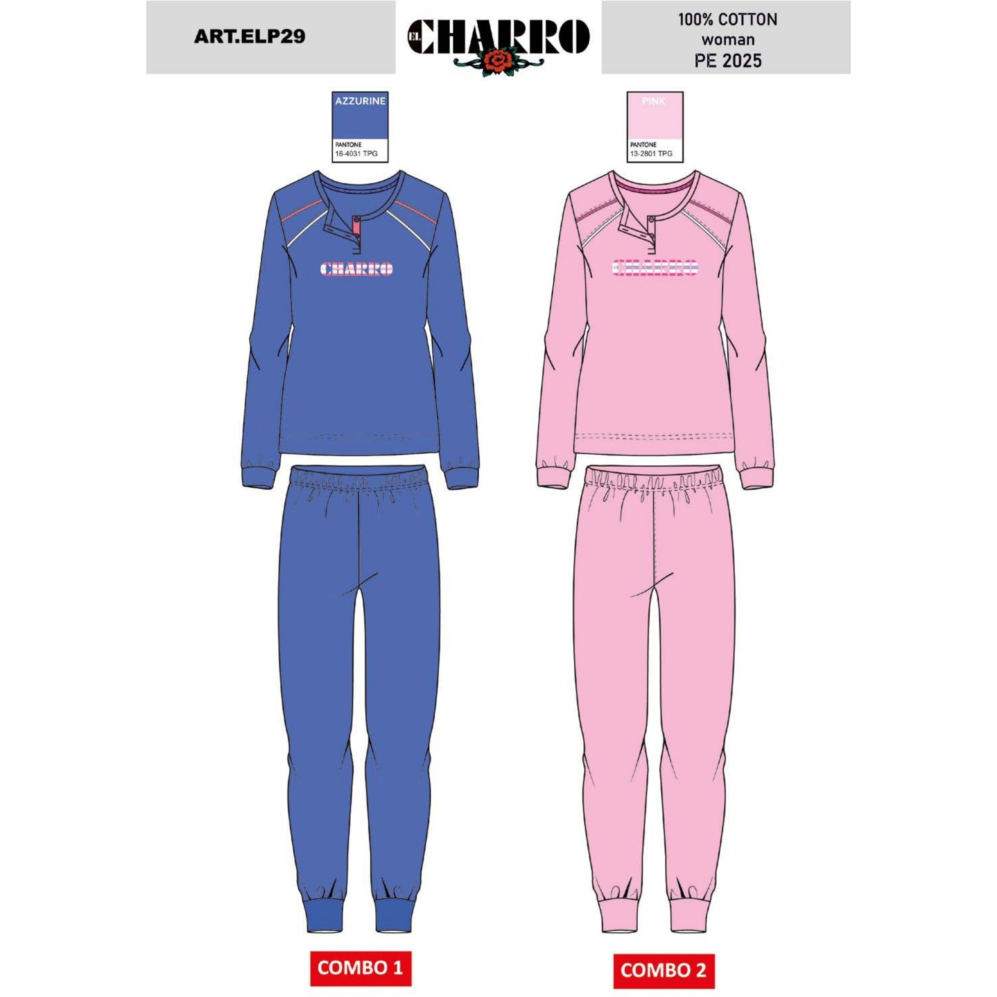 El Charro - Pigiama Donna Serafino Lungo In Jersey Puro Cotone Con Stampa Art. Elp29