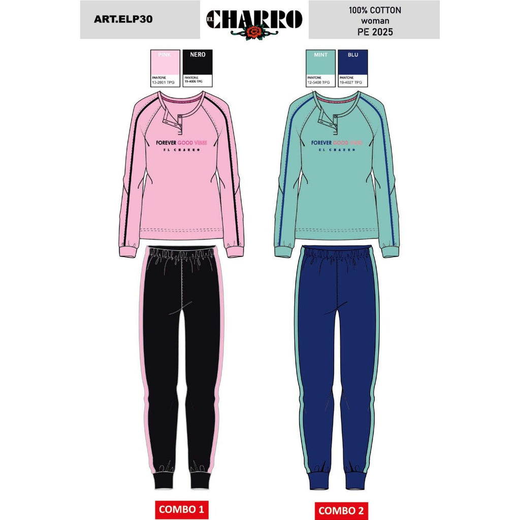 El Charro - Pigiama Donna Serafino Lungo In Jersey Puro Cotone Con Stampa Art. Elp30