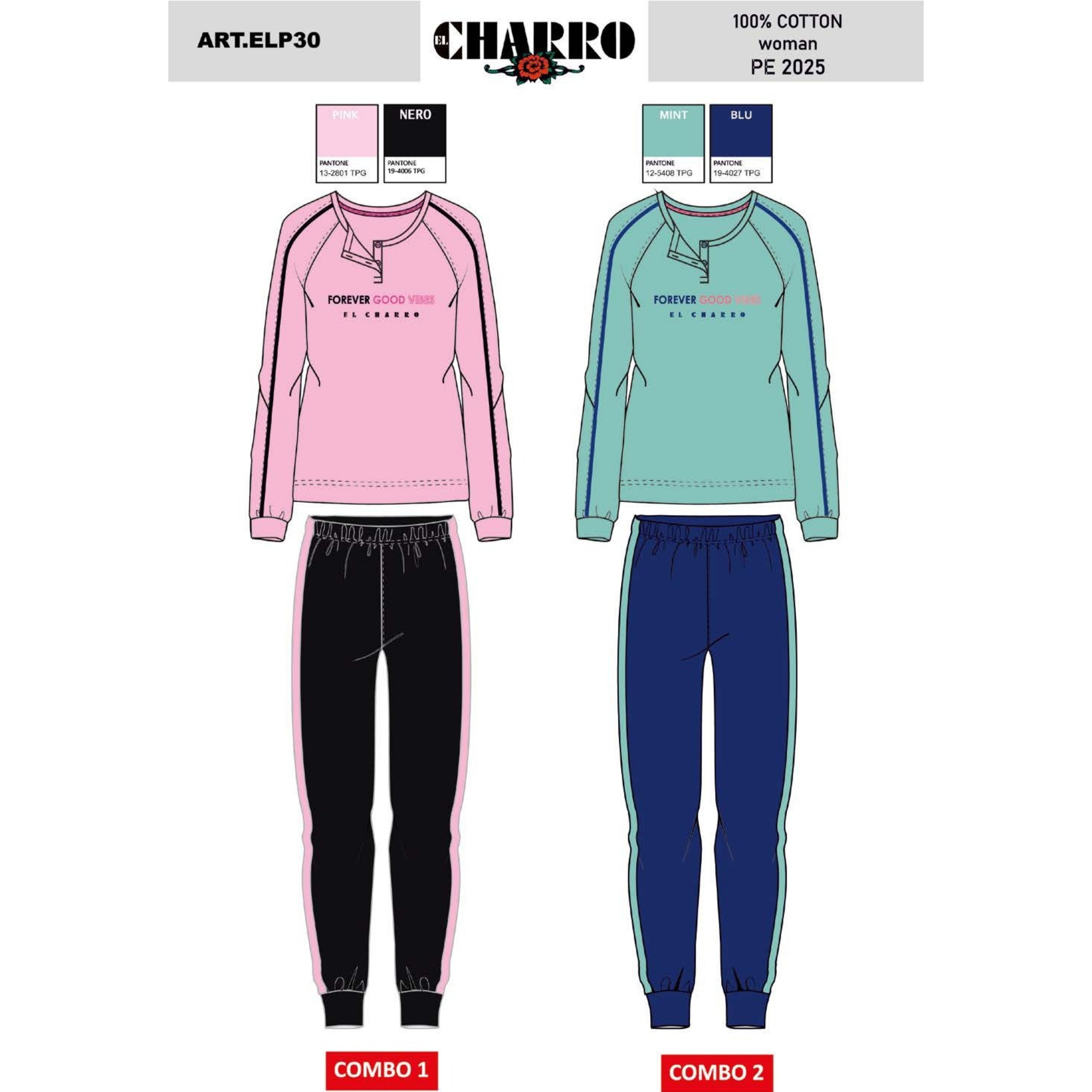 El Charro - Pigiama Donna Serafino Lungo In Jersey Puro Cotone Con Stampa Art. Elp30