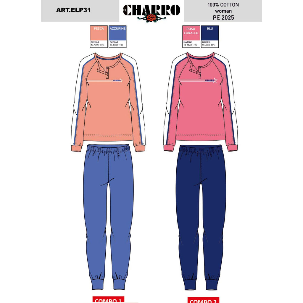 El Charro - Pigiama Donna Con Collo Serafino Lungo In Jersey Puro Cotone Con Stampa Art. Elp31