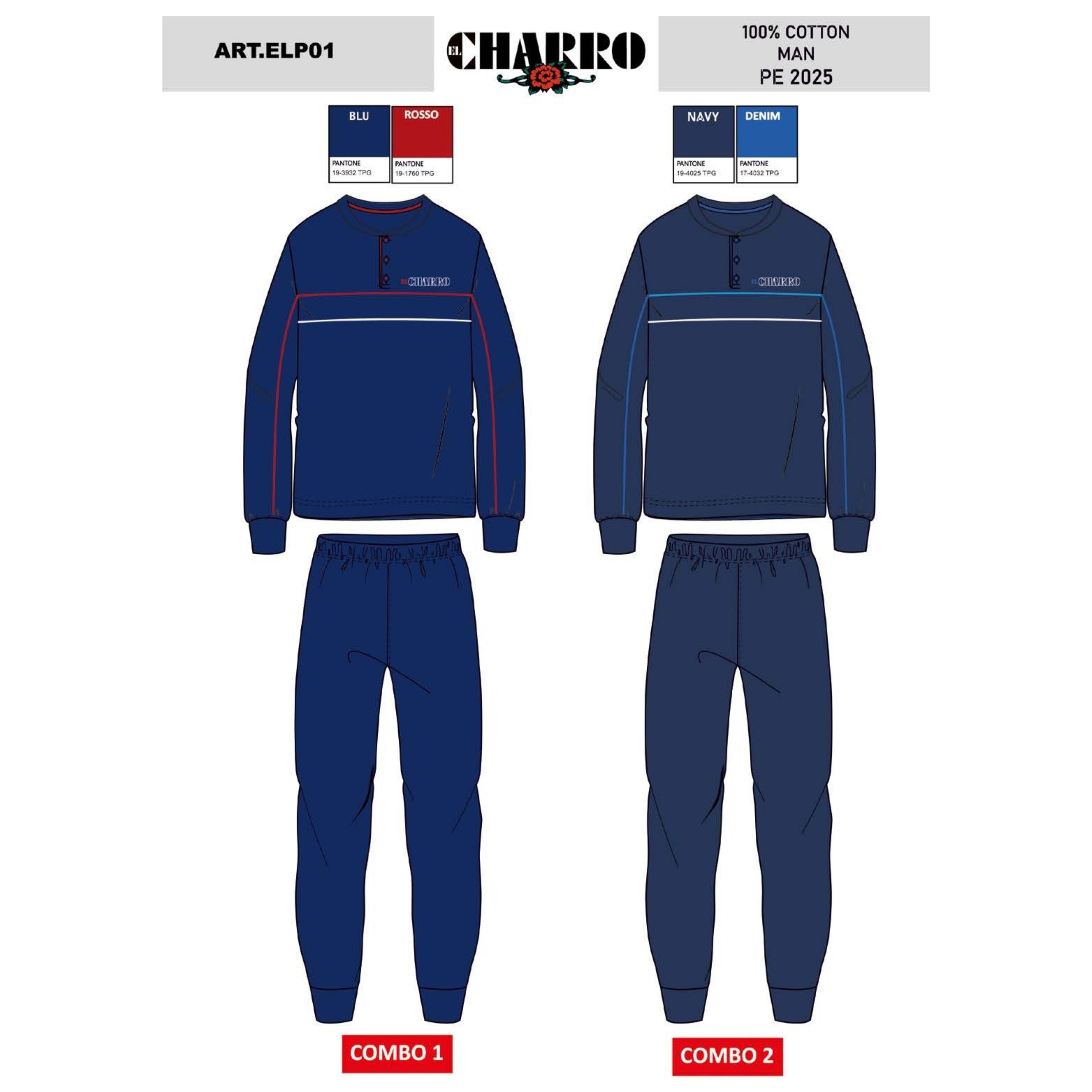 El Charro - Pigiama Serafino Uomo Lungo In Jersey Puro Cotone Con Stampa Art. Elp01