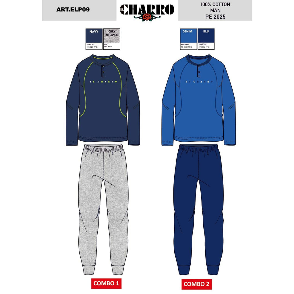 El Charro - Pigiama Con Collo Serafino Uomo Lungo In Jersey Puro Cotone Con Stampa Art. Elp09
