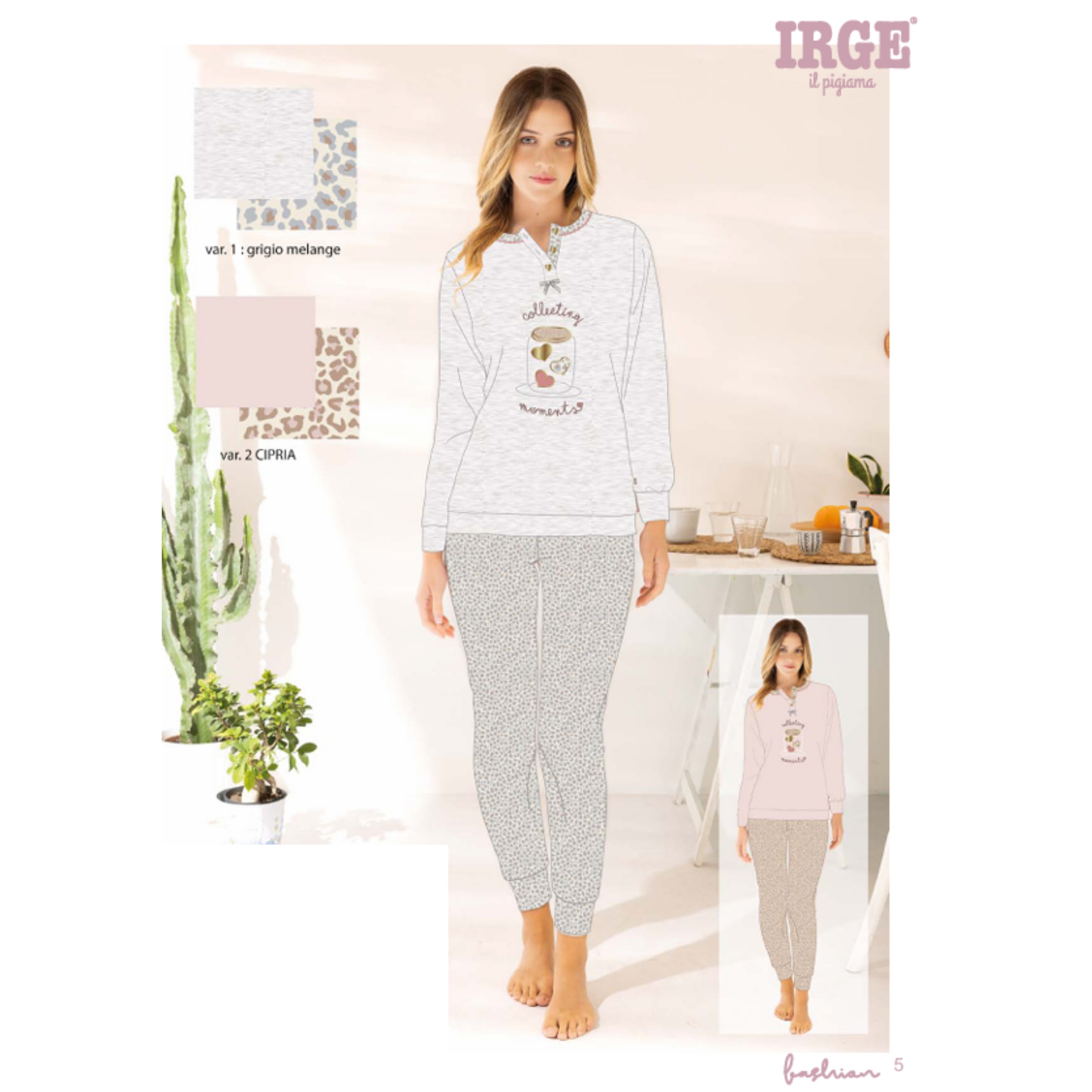 Irge - Pigiama Serafino Donna Lungo In Jersey Puro Cotone Con Stampa Art. Mil2301