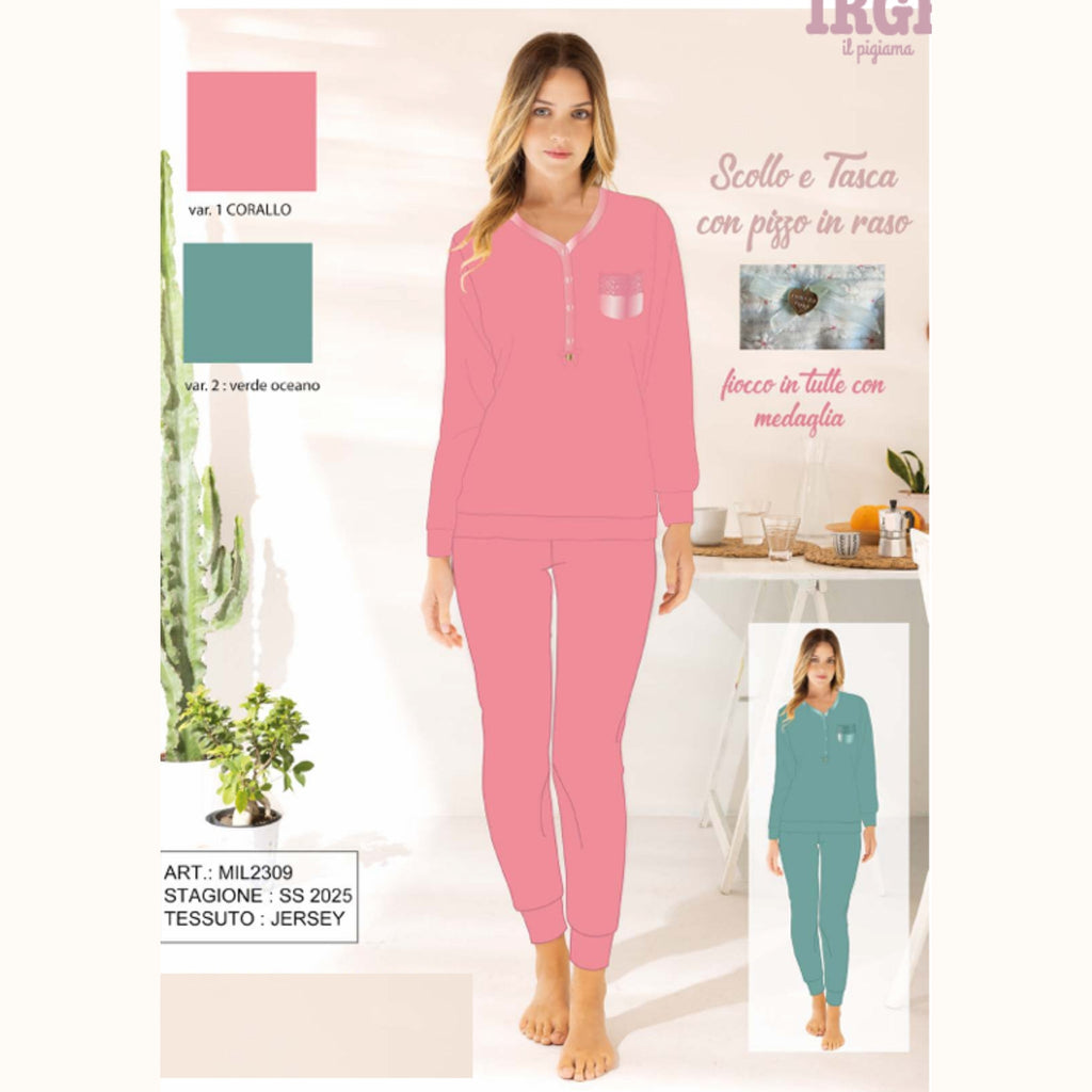 Irge - Pigiama Serafino Donna Lungo In Jersey Puro Cotone Tinta Unita Art. Mil2309