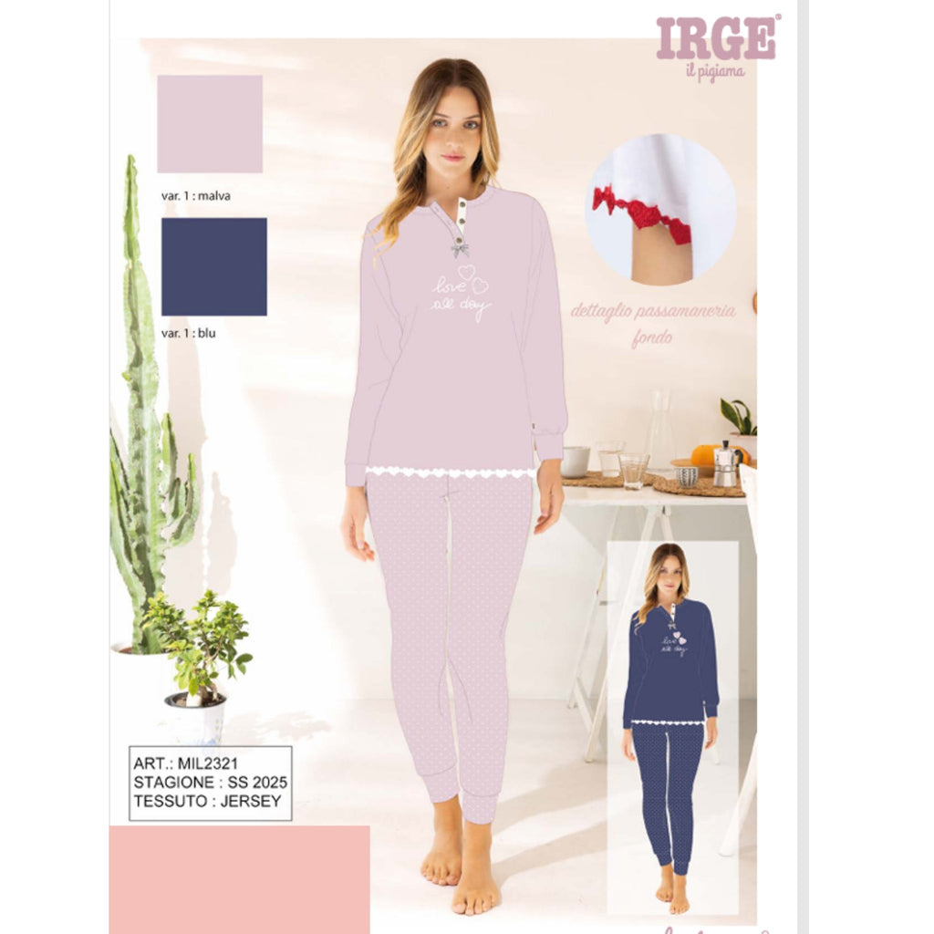 Irge - Pigiama Con Collo Serafino Donna Lungo In Jersey Puro Cotone Fantasia Art. Mil2321