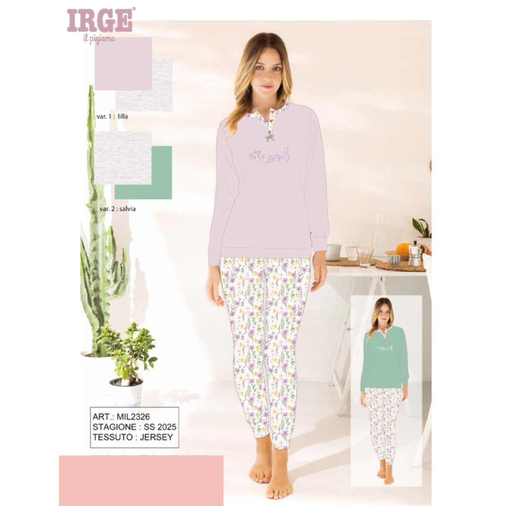 Irge - Pigiama Con Collo Serafino Donna Lungo In Jersey Puro Cotone Fantasia Art. Mil2326