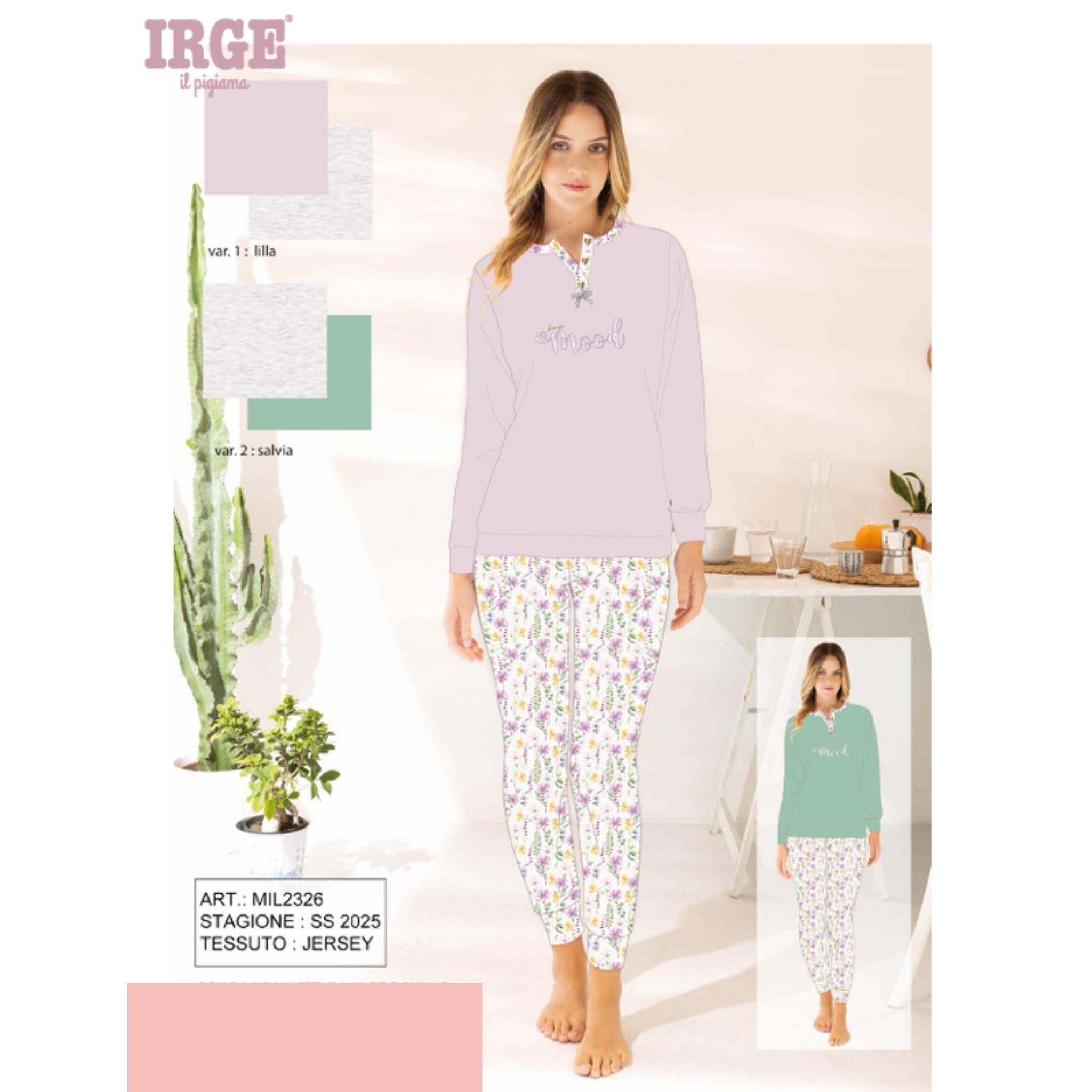 Irge - Pigiama Con Collo Serafino Donna Lungo In Jersey Puro Cotone Fantasia Art. Mil2326