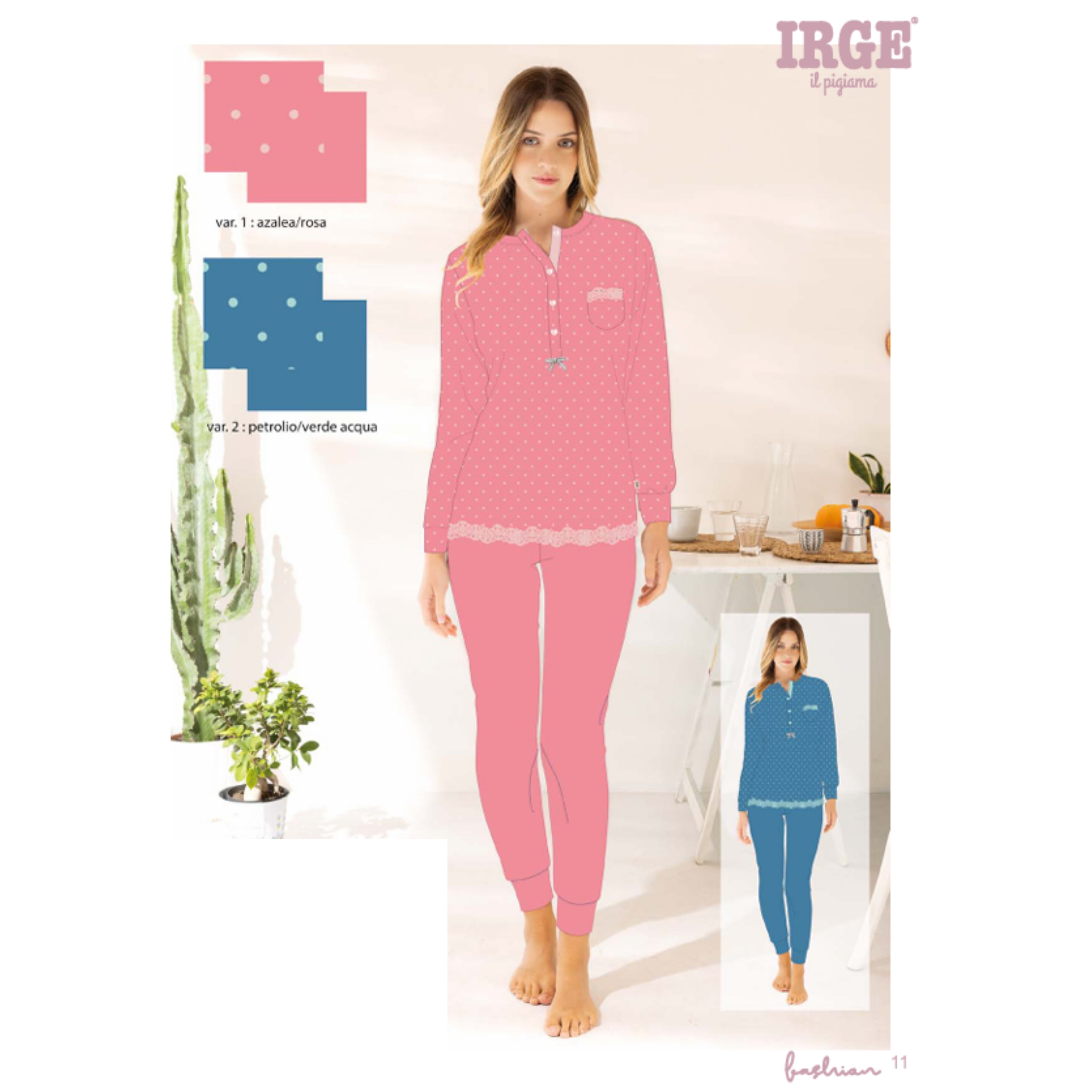 Irge - Pigiama Serafino Donna Lungo In Jersey Puro Cotone Stampato Art. Mil2330