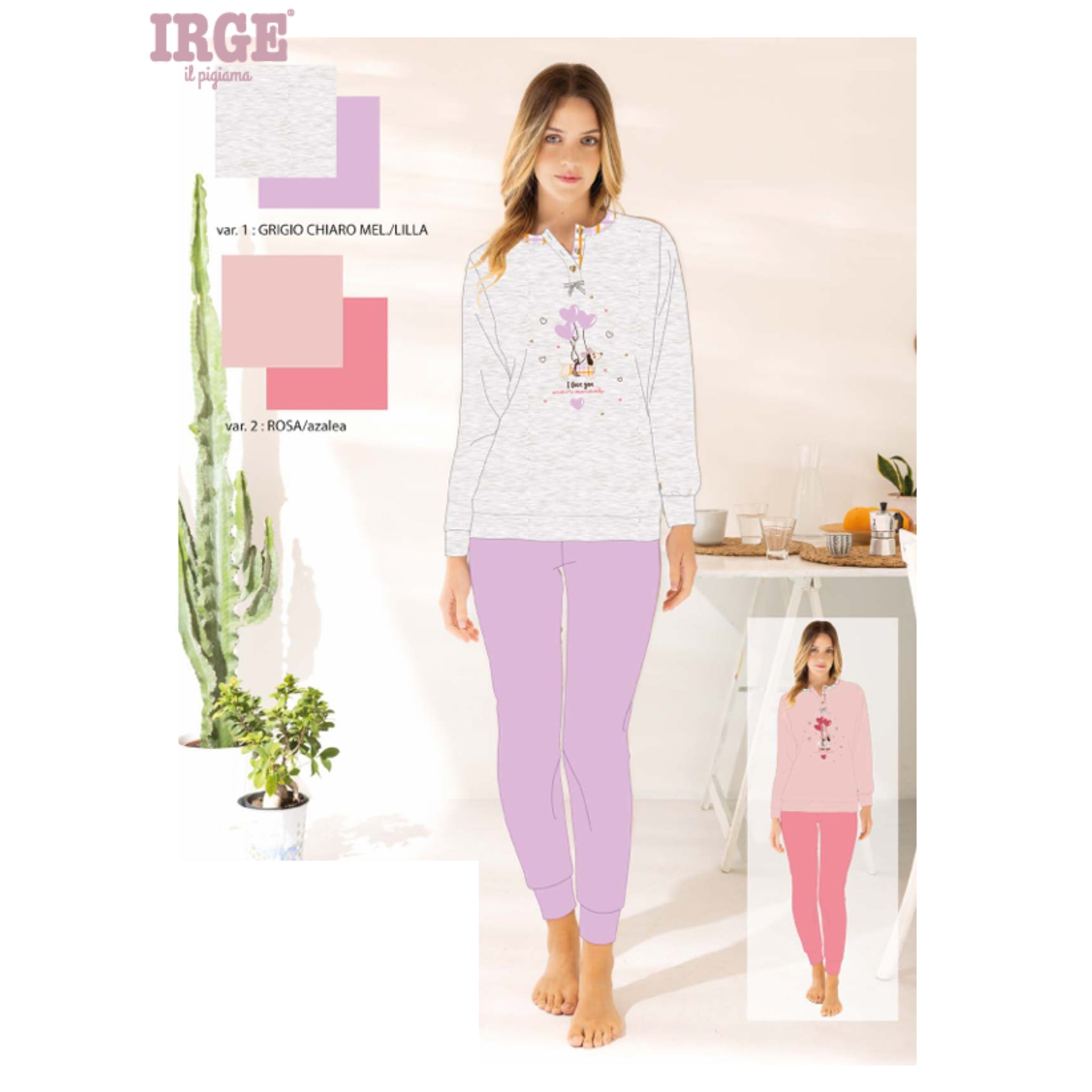 Irge - Pigiama Serafino Donna Lungo In Jersey Puro Cotone Con Stampa Art. Mil2336