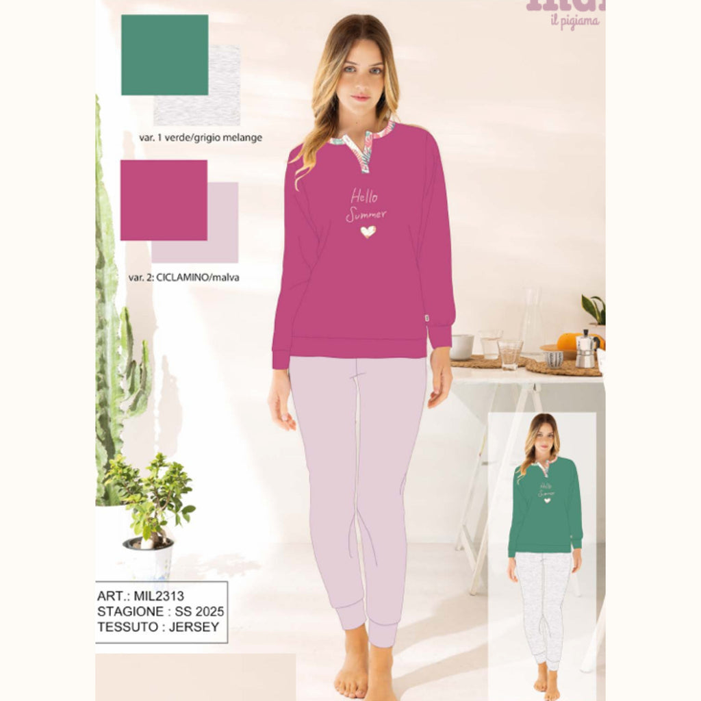 Irge - Pigiama Serafino Donna Lungo In Jersey Puro Cotone Con Stampa Art. Mil2313