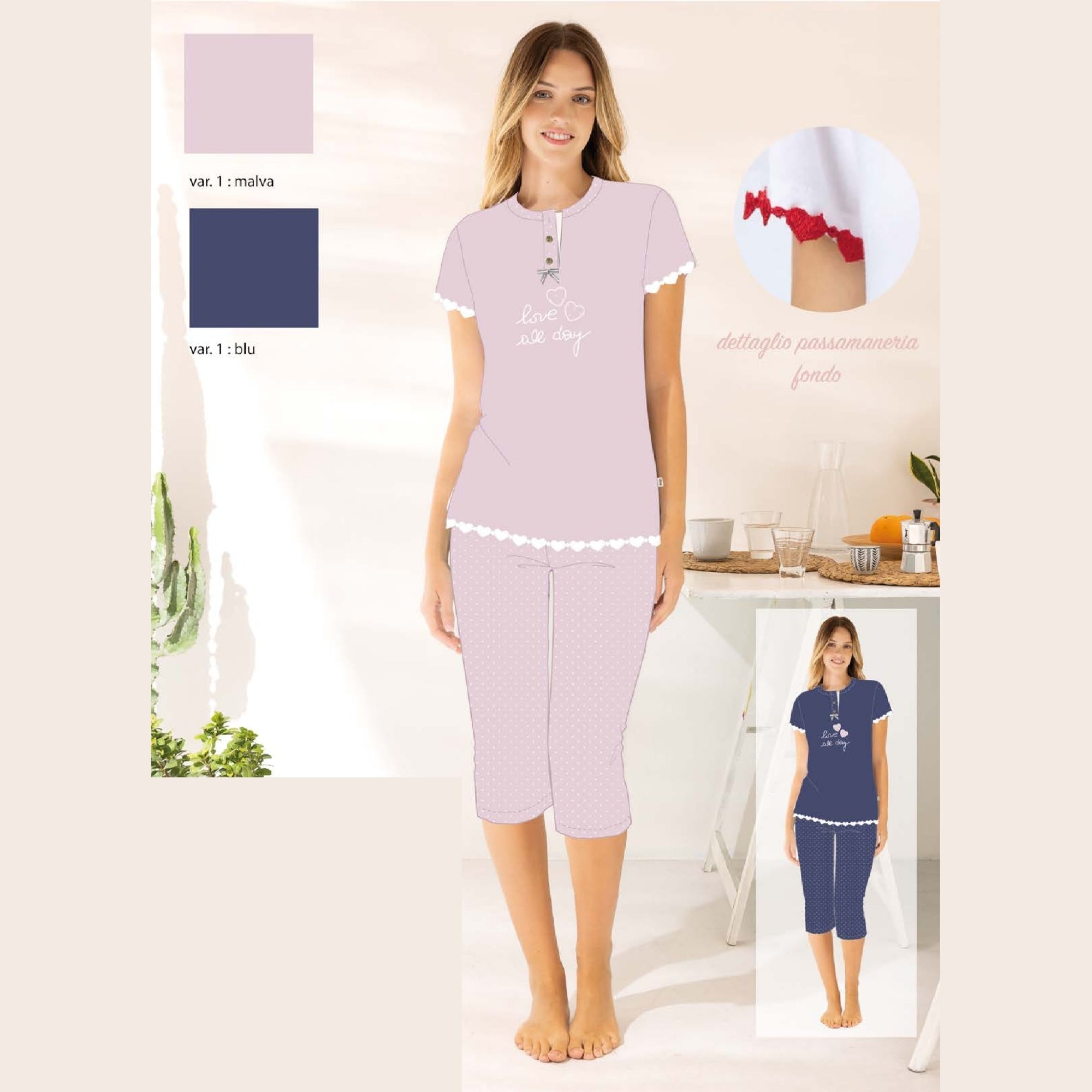 Irge Estate Pigiama Donna Pinocchietto Mezza Manica In Puro Cotone Con Ricamo  Art. Mic2323