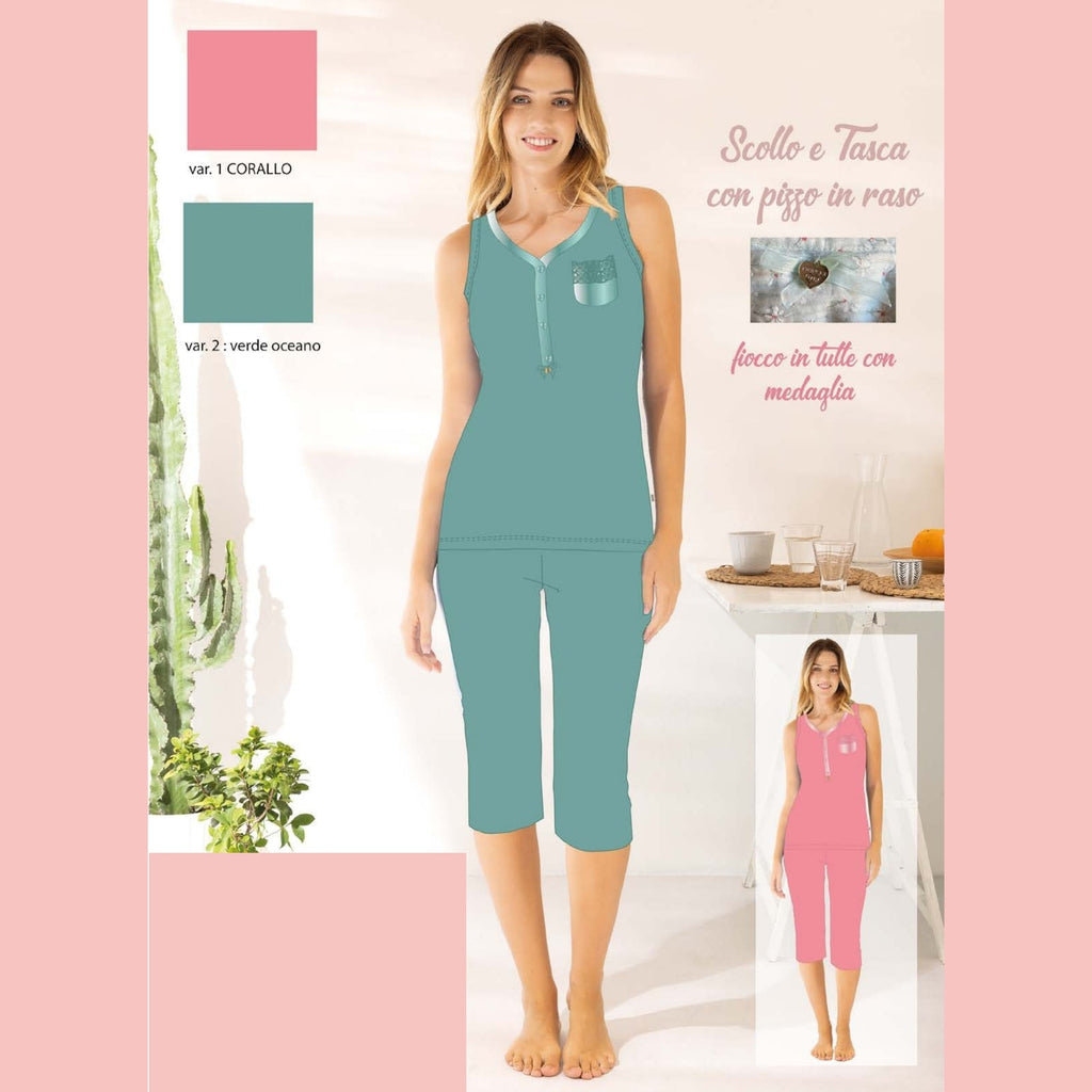 Irge Estate Pigiama Donna Pinocchietto Spalla Larga 3 Bottoni In Puro Cotone   Art. Mic2312